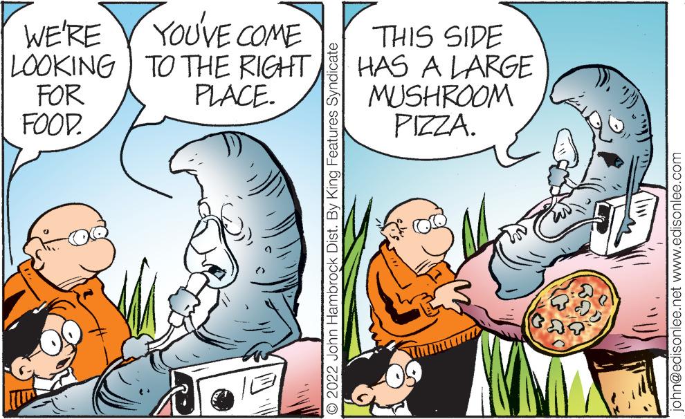 Illustration OCR: WE'RE LOOKING FOR FOOD. YOU'VE COME TO THE RIGHT PLACE. 2022 John Hambrock Dist. By King Features Syndicate THIS SIDE HAS A LARGE MUSHROOM PIZZA. john@edisonlee.net www.edisonlee.com WE'RE LOOKING FOR FOOD . YOU'VE COME TO THE RIGHT PLACE . 2022 John Hambrock Dist . By King Features Syndicate THIS SIDE HAS A LARGE MUSHROOM PIZZA . john@edisonlee.net www.edisonlee.com