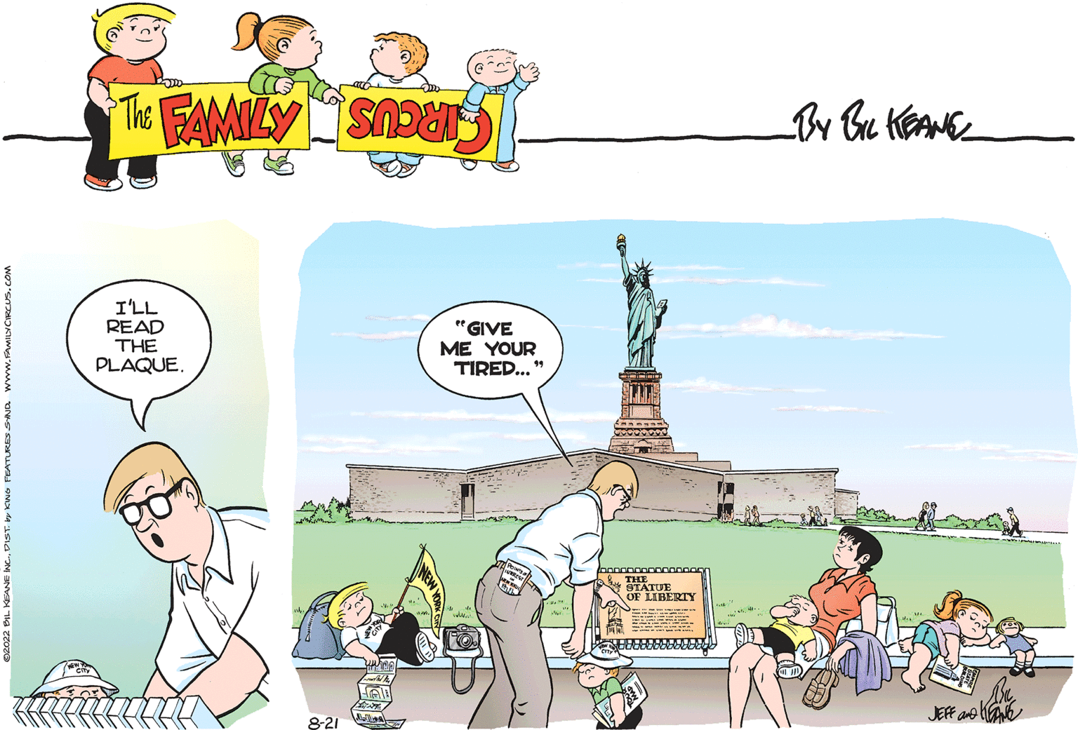 Recreation OCR: I'LL READ THE PLAQUE. 8-21 "GIVE ME YOUR TIRED... 99 THE STATUE OF LIBERTY JEFF and!! I'LL READ THE PLAQUE . 8-21 " GIVE ME YOUR TIRED ... 99 THE STATUE OF LIBERTY JEFF and !!