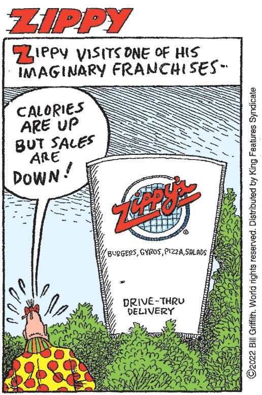 Art OCR: ZIPPY ZIPPY VISITS ONE OF HIS IMAGINARY FRANCHISES- CALORIES ARE UP BUT SALES ARE DOWN! the BURGERSSALADS DRIVE-THRU DELIVERY ?2022 Bill Griffith. World rights reserved. Distributed by King Features Syndicate ZIPPY ZIPPY VISITS ONE OF HIS IMAGINARY FRANCHISES CALORIES ARE UP BUT SALES ARE DOWN ! the BURGERSSALADS DRIVE - THRU DELIVERY ?2022 Bill Griffith . World rights reserved . Distributed by King Features Syndicate