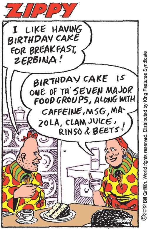 Mammal OCR: ZIPPY I LIKE HAVING BIRTHDAY CAKE FOR BREAKFASTZERBINA! BIRTHDAY CAKE IS ONE OF TH' SEVEN MAJOR FOOD GROUPSALONG WITH CAFFEINEMA ZOLARINSO & BEETS! ?2022 Bill Griffith. World rights reserved. Distributed by King Features Syndicate ZIPPY I LIKE HAVING BIRTHDAY CAKE FOR BREAKFASTZERBINA ! BIRTHDAY CAKE IS ONE OF TH ' SEVEN MAJOR FOOD GROUPSALONG WITH CAFFEINEMA ZOLACLAM JUICERINSO & BEETS ! ?2022 Bill Griffith . World rights reserved . Distributed by King Features Syndicate