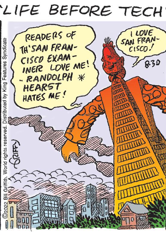 Publication OCR: "LIFE BEFORE TECH I LOVE SAN FRAN- CISCO! 8.30 READERS OF TH'SAN FRAN- CISCO EXAM- INER LOVE ME! RANDOLPH * HEARST HATES ME! ?2022 Bill Griffith. World rights reserved. Distributed by King Features Syndicate GRIFFY - ??? Minum ??? " LIFE BEFORE TECH I LOVE SAN FRAN CISCO ! 8.30 READERS OF TH'SAN FRAN CISCO EXAM INER LOVE ME ! RANDOLPH * HEARST HATES ME ! ?2022 Bill Griffith . World rights reserved . Distributed by King Features Syndicate GRIFFY - ?? ? Minum ???