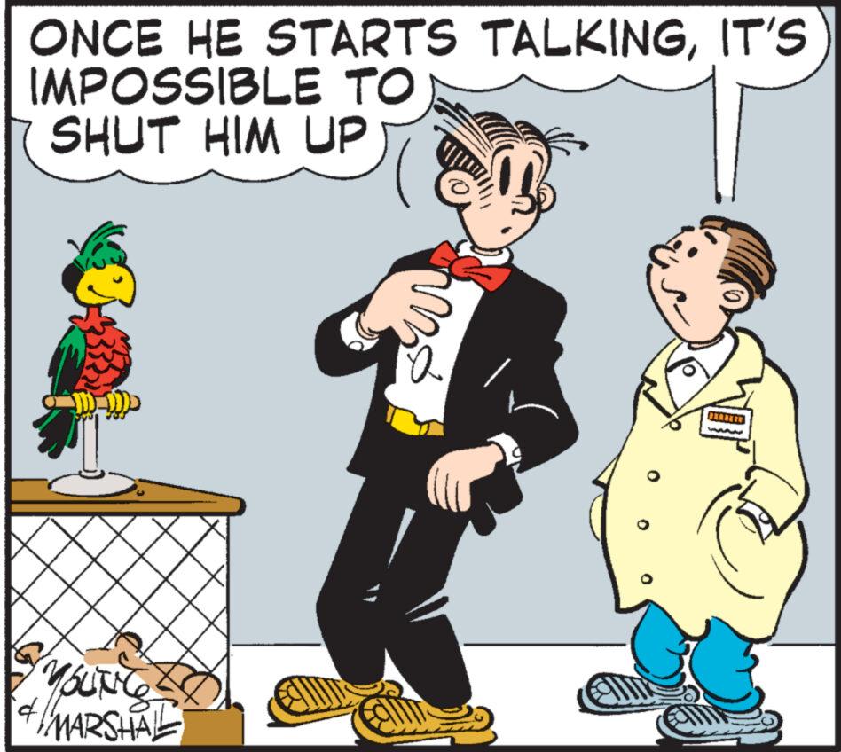 Illustration OCR: CONCE HE STARTS TALKINGIT'S IMPOSSIBLE TO SHUT HIM UP # G/n YOUNG MARSHALL & mo FUNNY PRANERE CONCE HE STARTS TALKINGIT'S IMPOSSIBLE TO SHUT HIM UP # G / n YOUNG MARSHALL & mo FUNNY PRANERE