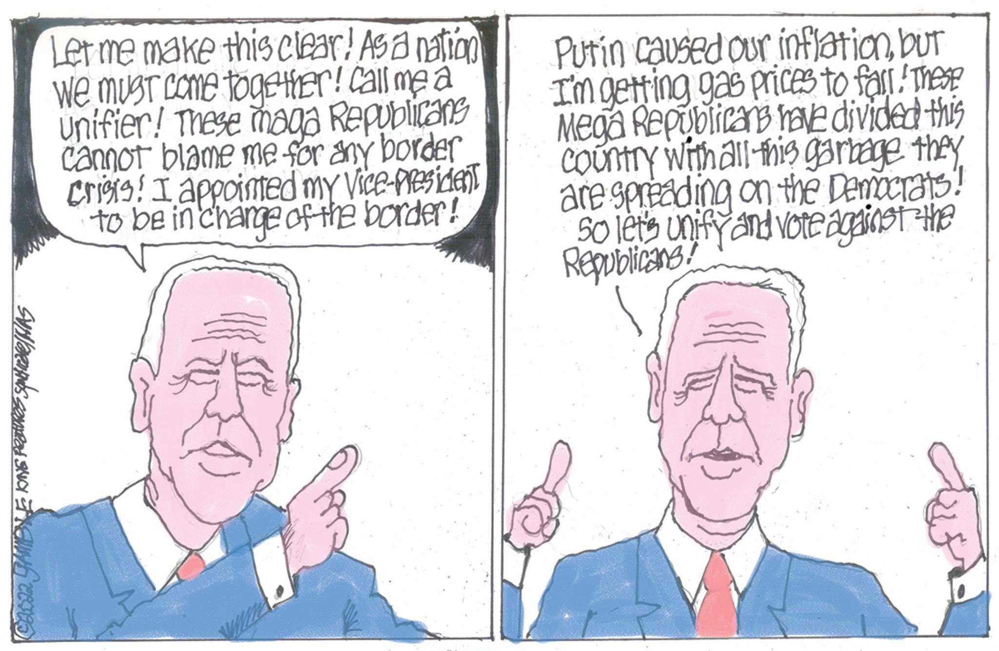 Finger OCR: Sulares semead sa Let me make this clear! As a nation We must come together! call me a Unifier! These haga Republicans cannot blame me for any border Crisis! I appointed my Vice-President to be in charge of the border! Putin caused our inflationbut I'm getting gas prices to fall. These Mega Republicans have divided this Country with all this garbage they are spreading on the Democrats! So let's unify and vote against the Republicans Sulares semead sa Let me make this clear ! As a nation We must come together ! call me a Unifier ! These haga Republicans cannot blame me for any border Crisis ! I appointed my Vice - President to be in charge of the border ! Putin caused our inflationbut I'm getting gas prices to fall . These Mega Republicans have divided this Country with all this garbage they are spreading on the Democrats ! So let's unify and vote against the Republicans