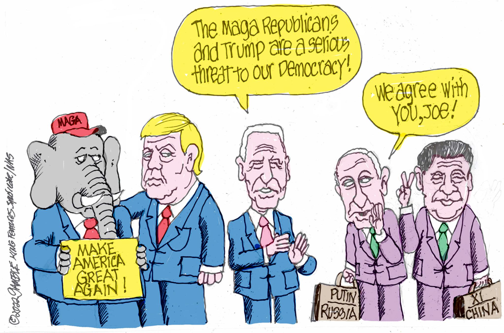 Font OCR: ?2022 GAMBLE KING FORTeres Spesieabe / WAS MAGA MAKE AMERICA GREAT AGAIN! The Maga Republicans and Trump are a serious threat to our Democracy! PUTIN RUSSIA We agree with YOUJoe! CHINA ?2022 GAMBLE KING FORTeres Spesieabe / WAS MAGA MAKE AMERICA GREAT AGAIN ! The Maga Republicans and Trump are a serious threat to our Democracy ! PUTIN RUSSIA We agree with YOUJoe ! CHINA