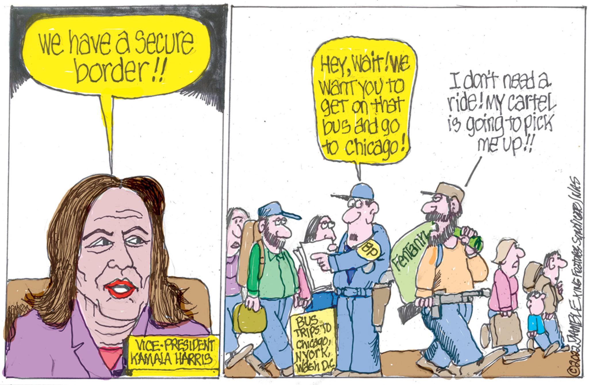 Conversation OCR: we have a secure border!! VICE-PRESIDENT KAMALA HARRIS Heywait!we Want you to get on that bus and goto Chicago BUS TRIPS TO ChicagoWash Dic ay I don't need a ride! My cartel is going to pick me up!! ?2022 JAMBLEXING Features Syndicare NAS we have a secure border !! VICE - PRESIDENT KAMALA HARRIS Heywait ! we Want you to get on that bus and goto Chicago BUS TRIPS TO ChicagoWash Dic ay I don't need a ride ! My cartel is going to pick me up !! ?2022 JAMBLEXING Features Syndicare NAS