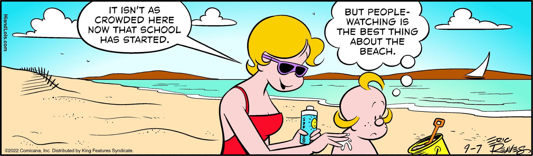 Sharing OCR: IT ISN'T AS CROWDED HERE NOW THAT SCHOOL HAS STARTED. €2022 ComicanaInc. Distributed by King Features Syndicate BUT PEOPLE- WATCHING IS THE BEST THING ABOUT THE BEACH. RIC 9-7 RENES IT ISN'T AS CROWDED HERE NOW THAT SCHOOL HAS STARTED . € 2022 ComicanaInc. Distributed by King Features Syndicate BUT PEOPLE WATCHING IS THE BEST THING ABOUT THE BEACH . RIC 9-7 RENES