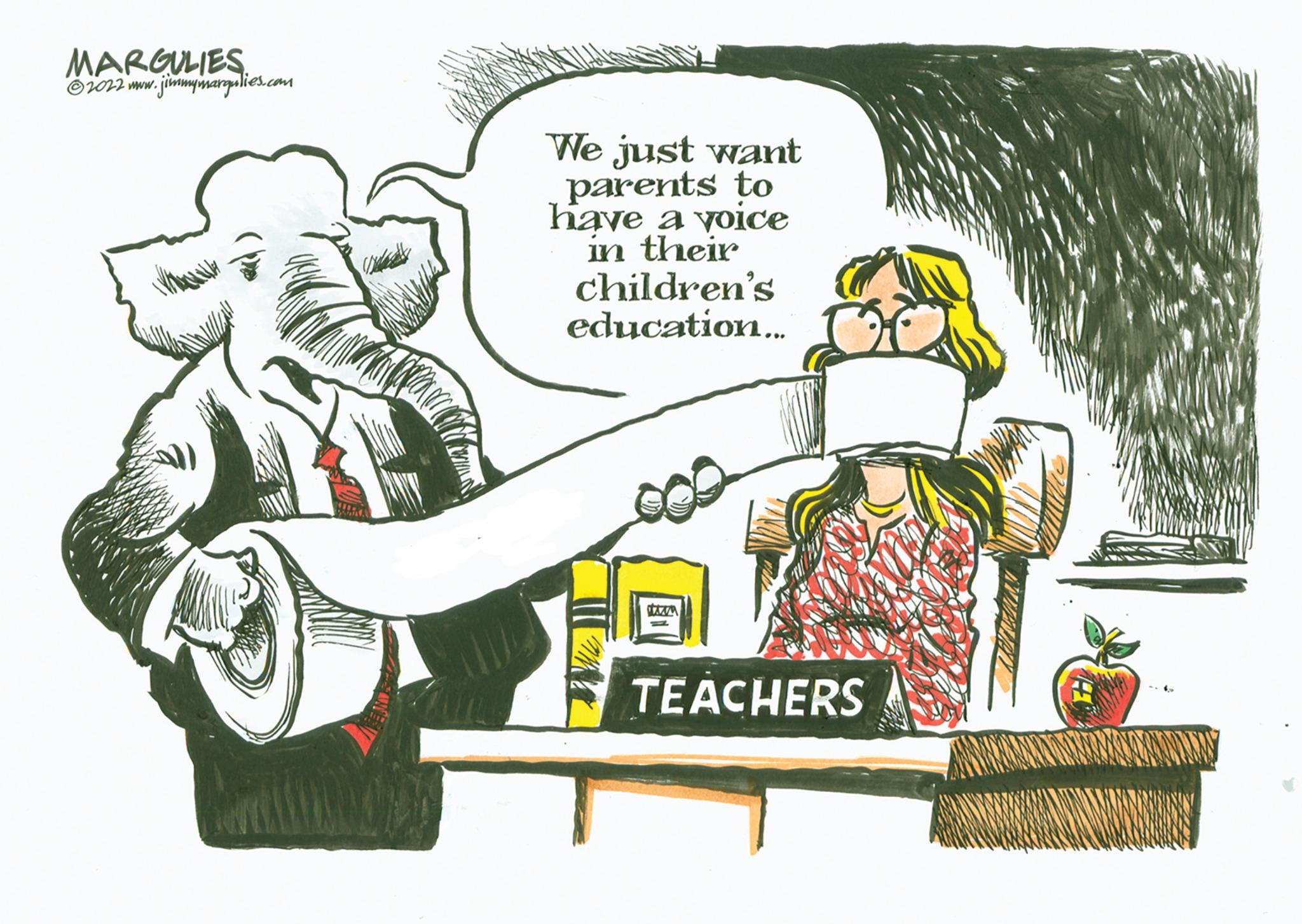 Illustration OCR: MARGULIES ?2022 www.jimmymargulies.com We just want parents to have a voice in their children's education... www TEACHERS MARGULIES ?2022 www.jimmymargulies.com We just want parents to have a voice in their children's education ... www TEACHERS