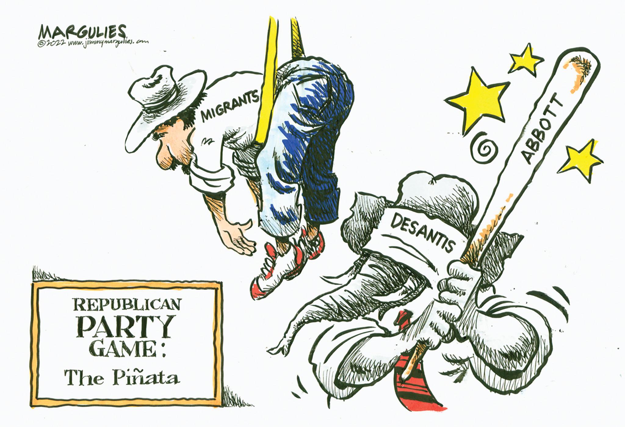 Logo OCR: MARGULIES ?2022 www.jimmy margulies. REPUBLICAN PARTY GAME: The Piñata MIGRANTS DESANTIS ABBOTT MARGULIES ?2022 www.jimmy margulies . REPUBLICAN PARTY GAME : The Piñata MIGRANTS DESANTIS ABBOTT