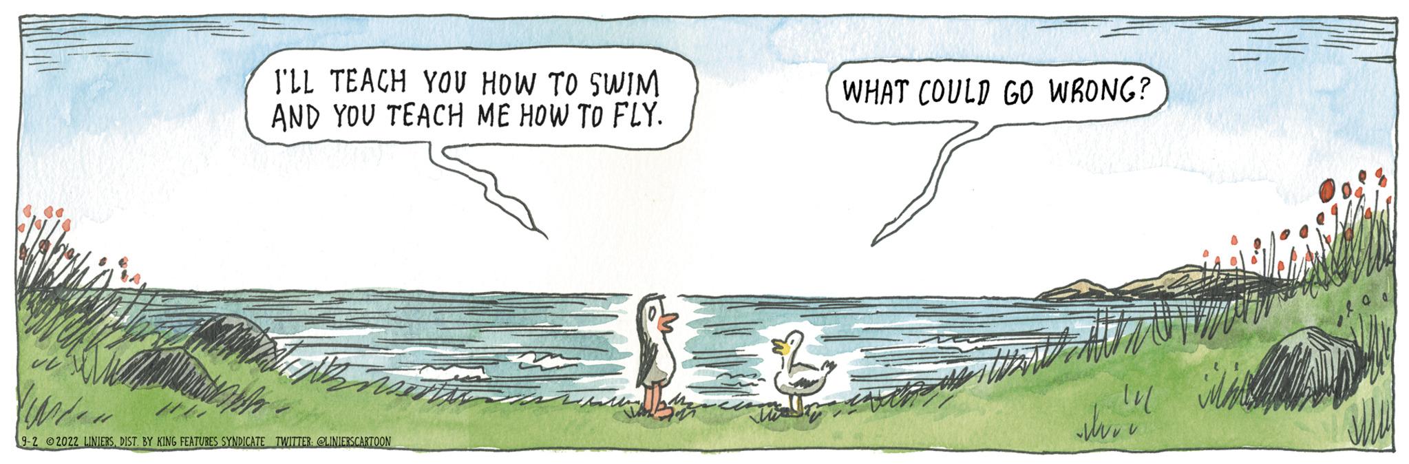 Line OCR: I'LL TEACH YOU HOW TO SWIM AND YOU TEACH ME HOW TO FLY. Nonsention artially 3-2 @2022 LINIERSDIST. BY KING FEATURES SYNDICATE TWITTER: @LINDERSCARTOON WHAT COULD GO WRONG? shov I'LL TEACH YOU HOW TO SWIM AND YOU TEACH ME HOW TO FLY . Nonsention artially 3-2 @ 2022 LINIERSDIST . BY KING FEATURES SYNDICATE TWITTER : @LINDERSCARTOON WHAT COULD GO WRONG ? shov