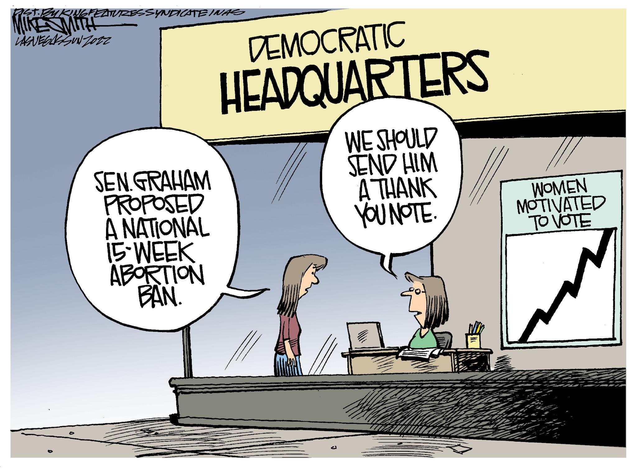 Illustration OCR: ST. BY KING FEATURES SYNDICATE INAS MIRE WITH LASVEGASUN JOTZ SEN. GRAHAM PROPOSED A NATIONAL 15-WEEK ABORTION BAN. DEMOCRATIC HEADQUARTERS WE SHOULD SEND HIM A THANK YOU NOTE. WOMEN MOTIVATED TO VOTE ST . BY KING FEATURES SYNDICATE INAS MIRE WITH LASVEGASUN JOTZ SEN . GRAHAM PROPOSED A NATIONAL 15 - WEEK ABORTION BAN . DEMOCRATIC HEADQUARTERS WE SHOULD SEND HIM A THANK YOU NOTE . WOMEN MOTIVATED TO VOTE