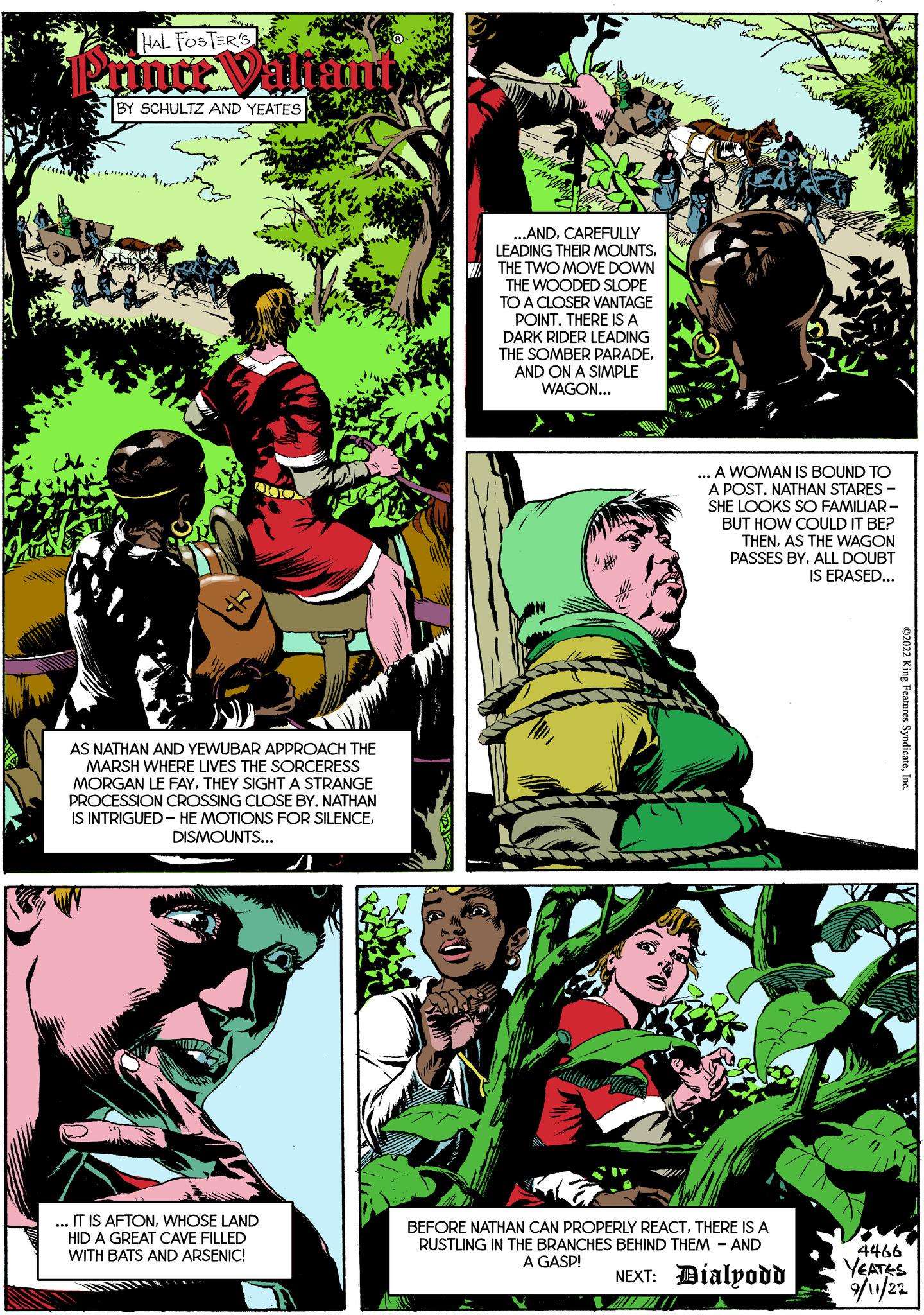 Fictional character OCR: HAL FOSTER'S Prince Valant BY SCHULTZ AND YEATES P AS NATHAN AND YEWUBAR APPROACH THE MARSH WHERE LIVES THE SORCERESS MORGAN LE FAYTHEY SIGHT A STRANGE PROCESSION CROSSING CLOSE BY. NATHAN IS INTRIGUED-HE MOTIONS FOR SILENCEDISMOUNTS... ... IT IS AFTONWHOSE LAND HID A GREAT CAVE FILLED WITH BATS AND ARSENIC! 17 www. ..ANDCAREFULLY LEADING THEIR MOUNTSTHE TWO MOVE DOWN THE WOODED SLOPE TO A CLOSER VANTAGE POINT. THERE IS A DARK RIDER LEADING THE SOMBER PARADEAND ON A SIMPLE WAGON... ... A WOMAN IS BOUND TO A POST. NATHAN STARES - SHE LOOKS SO FAMILIAR- BUT HOW COULD IT BE? THENAS THE WAGON PASSES BYALL DOUBT IS ERASED... BEFORE NATHAN CAN PROPERLY REACTTHERE IS A RUSTLING IN THE BRANCHES BEHIND THEM - AND A GASP! NEXT: Dialyodd C2022 King Features SyndicateInc. 4466 YEATES 9/11/22 HAL FOSTER'S Prince Valant BY SCHULTZ AND YEATES P AS NATHAN AND YEWUBAR APPROACH THE MARSH WHERE LIVES THE SORCERESS MORGAN LE FAYTHEY SIGHT A STRANGE PROCESSION CROSSING CLOSE BY . NATHAN IS INTRIGUED - HE MOTIONS FOR SILENCEDISMOUNTS ... ... IT IS AFTONWHOSE LAND HID A GREAT CAVE FILLED WITH BATS AND ARSENIC ! 17 www . ..ANDCAREFULLY LEADING THEIR MOUNTSTHE TWO MOVE DOWN THE WOODED SLOPE TO A CLOSER VANTAGE POINT . THERE IS A DARK RIDER LEADING THE SOMBER PARADEAND ON A SIMPLE WAGON ... ... A WOMAN IS BOUND TO A POST . NATHAN STARES - SHE LOOKS SO FAMILIAR BUT HOW COULD IT BE ? THENAS THE WAGON PASSES BYALL DOUBT IS ERASED ... BEFORE NATHAN CAN PROPERLY REACTTHERE IS A RUSTLING IN THE BRANCHES BEHIND THEM - AND A GASP ! NEXT : Dialyodd C2022 King Features SyndicateInc. 4466 YEATES 9/11/22
