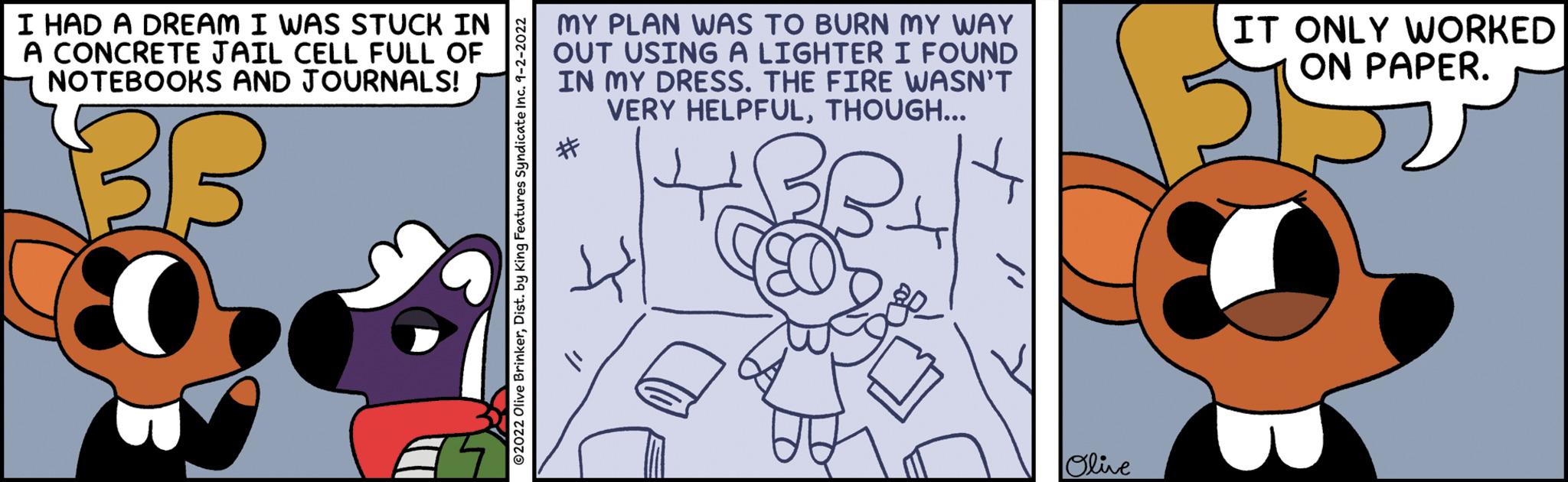 Fictional character OCR: I HAD A DREAM I WAS STUCK IN A CONCRETE JAIL CELL FULL OF NOTEBOOKS AND JOURNALS! BB 907 Olive BrinkerDist. by King Features S MY PLAN WAS TO BURN MY WAY OUT USING A LIGHTER I FOUND IN MY DRESS. THE FIRE WASN'T VERY HELPFULTHOUGH... # Olive IT ONLY WORKED ON PAPER. 51° I HAD A DREAM I WAS STUCK IN A CONCRETE JAIL CELL FULL OF NOTEBOOKS AND JOURNALS ! BB 907 Olive BrinkerDist . by King Features S MY PLAN WAS TO BURN MY WAY OUT USING A LIGHTER I FOUND IN MY DRESS . THE FIRE WASN'T VERY HELPFULTHOUGH ... # Olive IT ONLY WORKED ON PAPER . 51°
