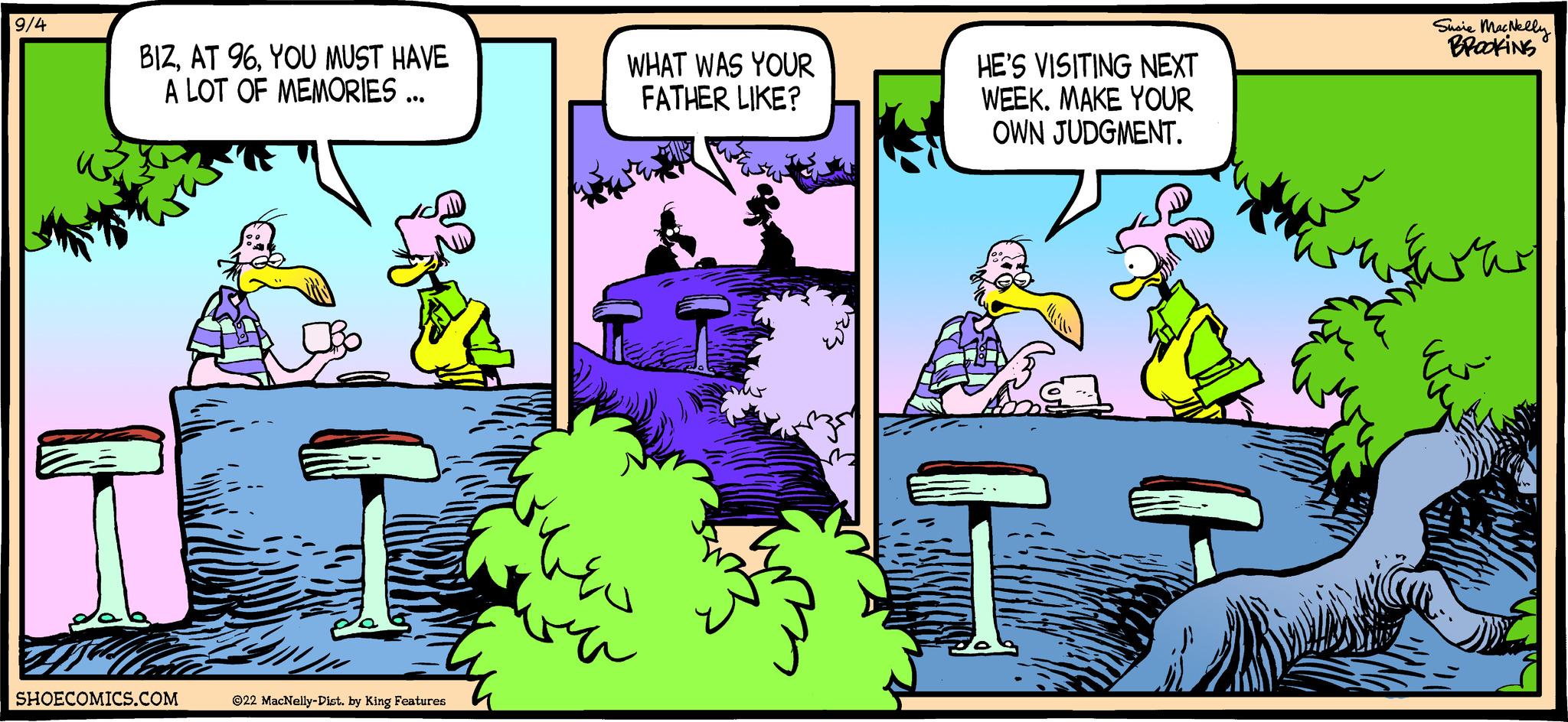 Adaptation OCR: 9/4 BIZYOU MUST HAVE A LOT OF MEMORIES ... SHOECOMICS.COM 22 MacNelly-Dist. by King Features WHAT WAS YOUR FATHER LIKE? HE'S VISITING NEXT WEEK. MAKE YOUR OWN JUDGMENT. Susie MacNelly BROOKING 9/4 BIZAT 96YOU MUST HAVE A LOT OF MEMORIES ... SHOECOMICS.COM 22 MacNelly - Dist . by King Features WHAT WAS YOUR FATHER LIKE ? HE'S VISITING NEXT WEEK . MAKE YOUR OWN JUDGMENT . Susie MacNelly BROOKING