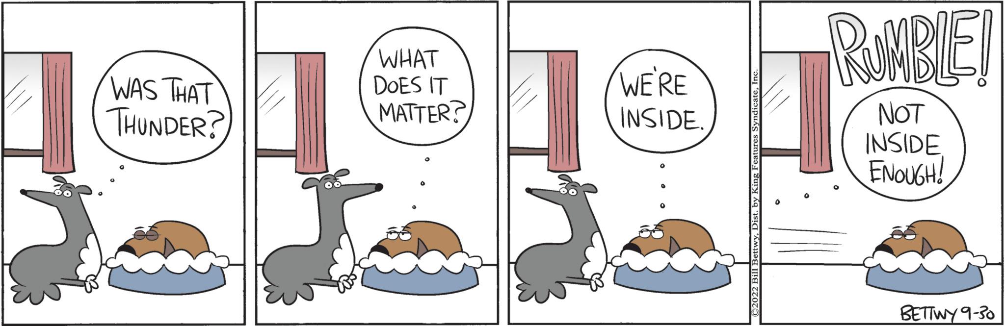 Drawing OCR: WAS THAT THUNDER? WHAT DOES IT MATTER? WE'RE INSIDE. RUMBLE! NOT INSIDE ENOUGH! BETTWY 9-30 WAS THAT THUNDER ? WHAT DOES IT MATTER ? WE'RE INSIDE . RUMBLE ! NOT INSIDE ENOUGH ! BETTWY 9-30