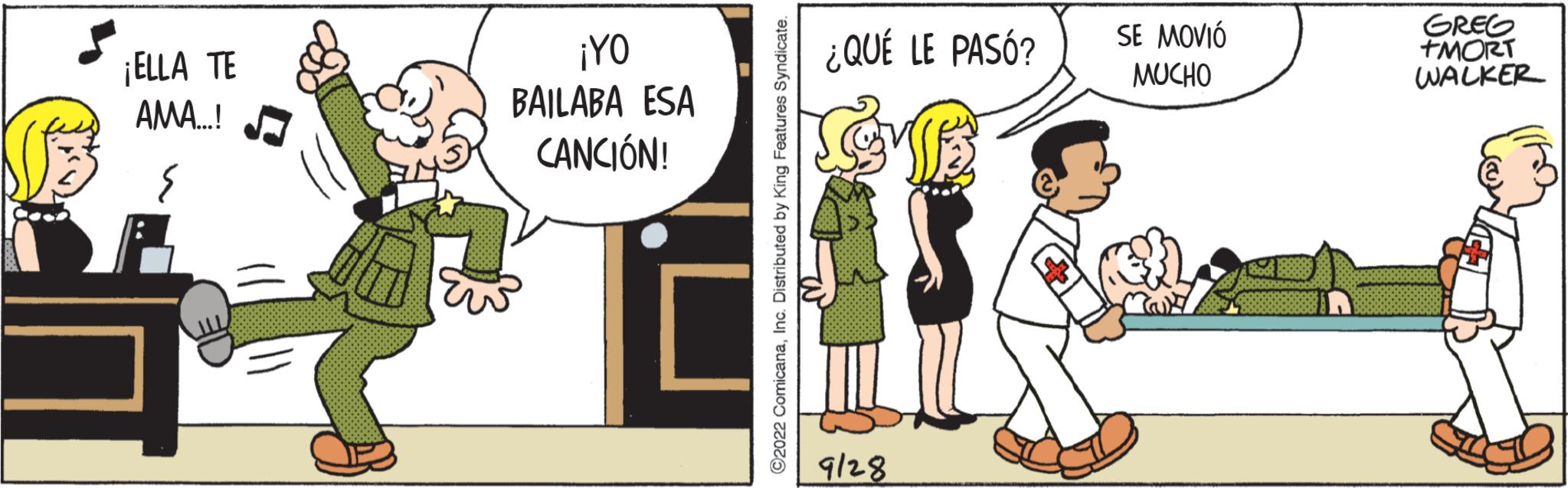 Interaction OCR: ¡ELLA TE AMA...! ¡YO BAILABA ESA CANCIÓN! ?2022 ComicanaInc. Distributed by King Features Syndicate. ¿QUÉ LE PASÓ? 9128 SE MOVIÓ MUCHO GREG +MORT WALKER ¡ ELLA TE AMA ... ! ¡ YO BAILABA ESA CANCIÓN ! ?2022 ComicanaInc. Distributed by King Features Syndicate . ¿ QUÉ LE PASÓ ? 9128 SE MOVIÓ MUCHO GREG + MORT WALKER