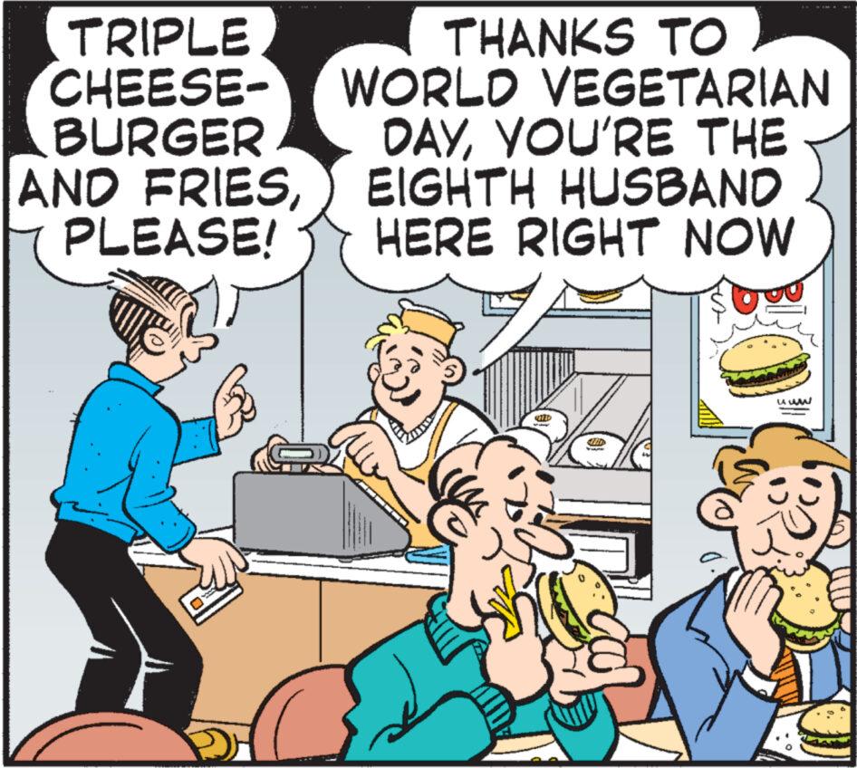Parallel OCR: TRIPLE THANKS TO CHEESE- WORLD VEGETARIAN BURGER DAYYOU'RE THE EIGHTH HUSBAND HERE RIGHT NOW AND FRIESPLEASE! OFFID 0 an TRIPLE THANKS TO CHEESE- WORLD VEGETARIAN BURGER DAYYOU'RE THE EIGHTH HUSBAND HERE RIGHT NOW AND FRIESPLEASE ! OFFID 0 an