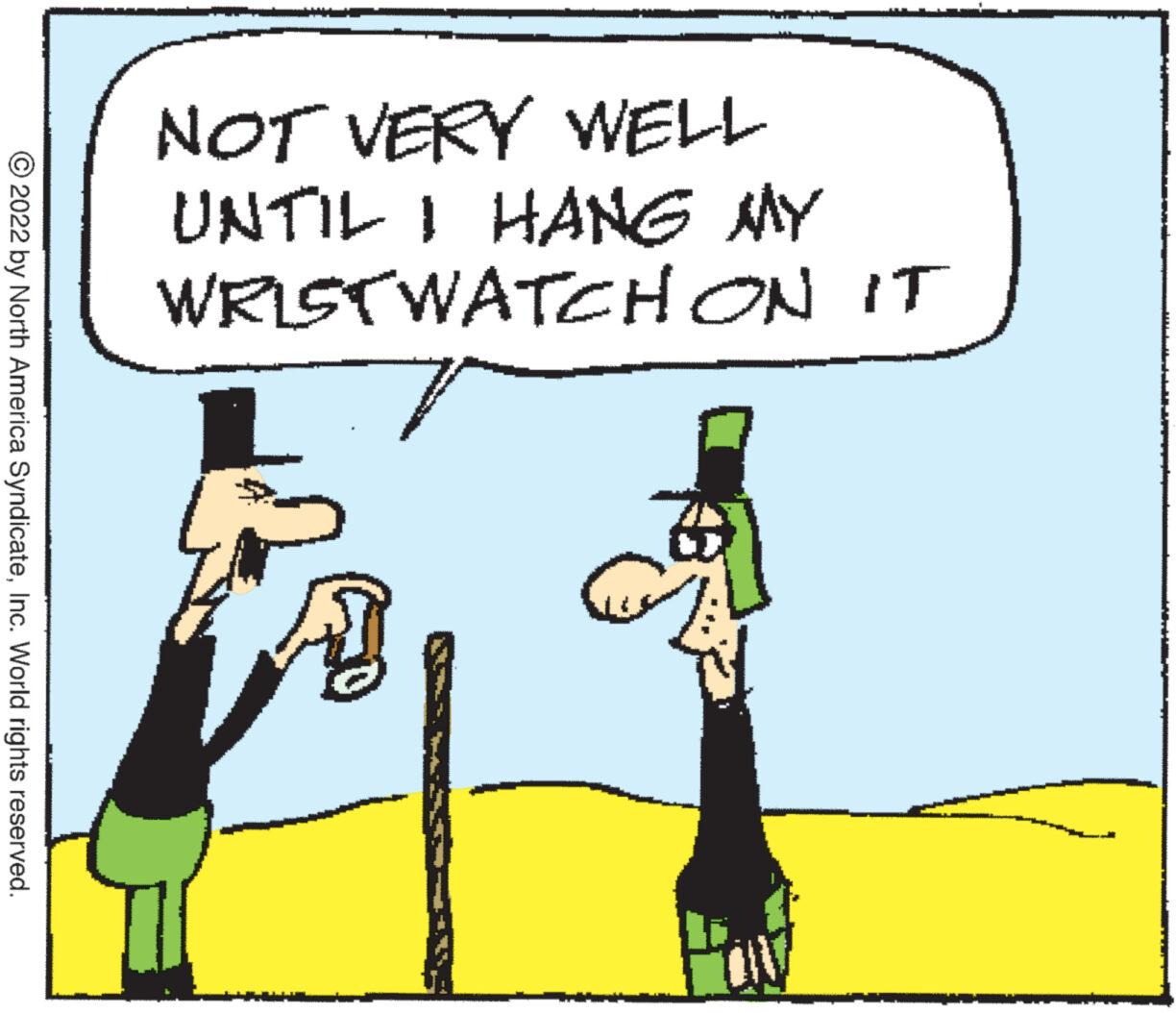 Pleased OCR: ?2022 by North America SyndicateInc. World rights reserved. NOT VERY WELL UNTIL I HANG MY WRISTWATCH ON IT ?2022 by North America SyndicateInc. World rights reserved . NOT VERY WELL UNTIL I HANG MY WRISTWATCH ON IT