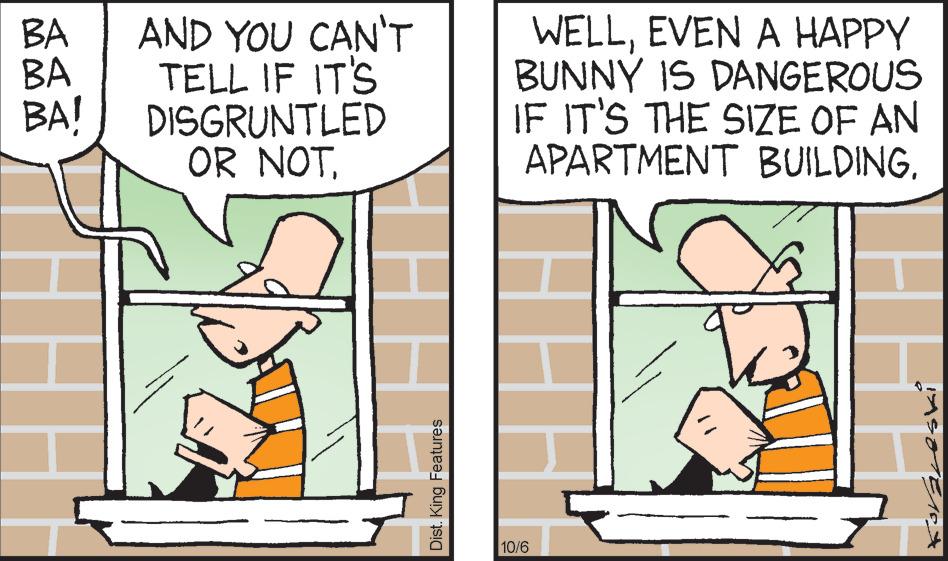 Sharing OCR: BA AND YOU CAN'T TELL IF IT'S DISGRUNTLED OR NOT. BA BA! sogen Dist. King Features WELLEVEN A HAPPY BUNNY IS DANGEROUS IF IT'S THE SIZE OF AN APARTMENT BUILDING. 10/6 BA AND YOU CAN'T TELL IF IT'S DISGRUNTLED OR NOT . BA BA ! sogen Dist . King Features WELLEVEN A HAPPY BUNNY IS DANGEROUS IF IT'S THE SIZE OF AN APARTMENT BUILDING . 10/6