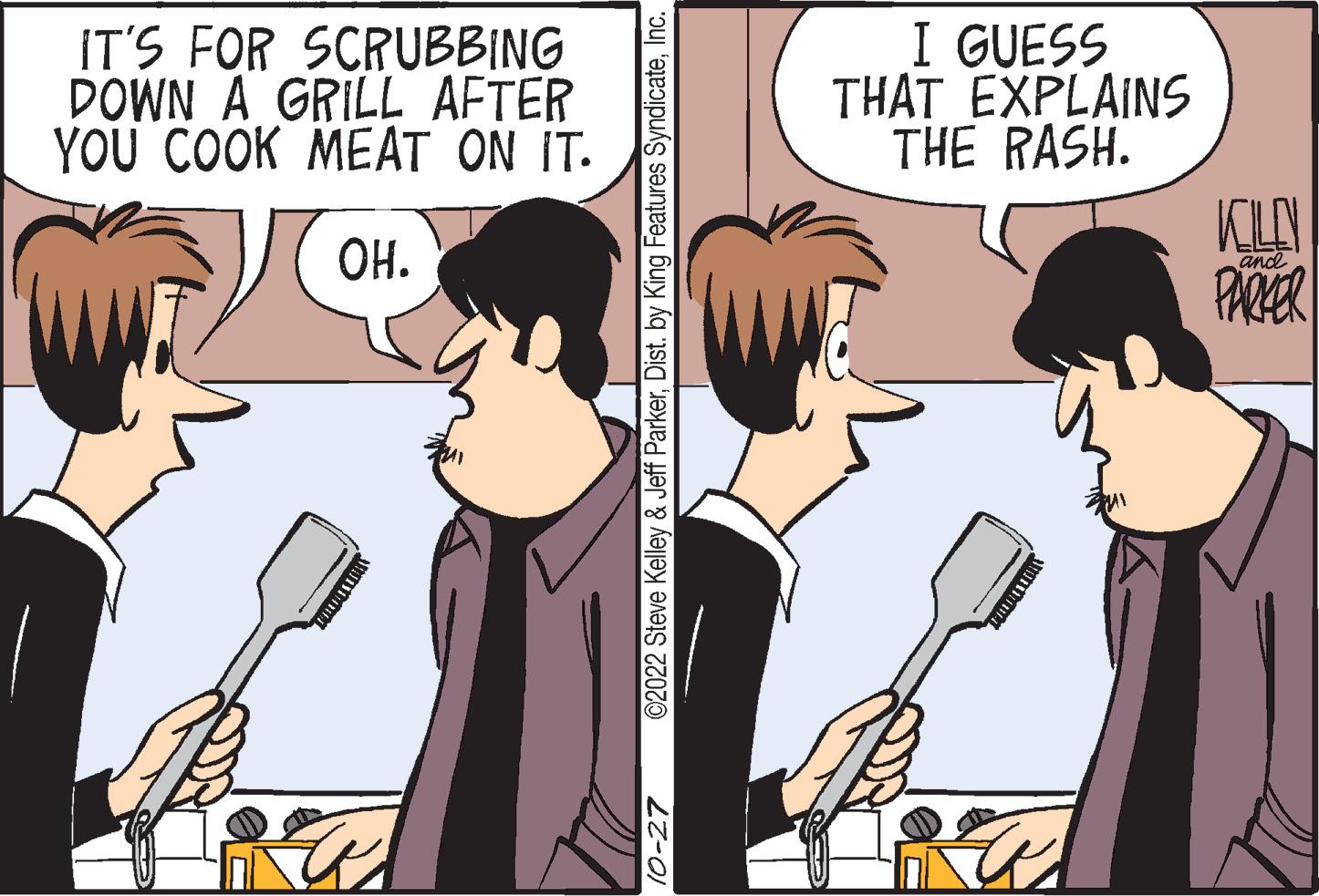 Social group OCR: IT'S FOR SCRUBBING DOWN A GRILL AFTER YOU COOK MEAT ON IT. ??. ©2022 Steve Kelley & Jeff ParkerInc. 10-27 I GUESS THAT EXPLAINS THE RASH. KILO and PARKER IT'S FOR SCRUBBING DOWN A GRILL AFTER YOU COOK MEAT ON IT . ?? . © 2022 Steve Kelley & Jeff ParkerDist . by King Features SyndicateInc. 10-27 I GUESS THAT EXPLAINS THE RASH . KILO and PARKER