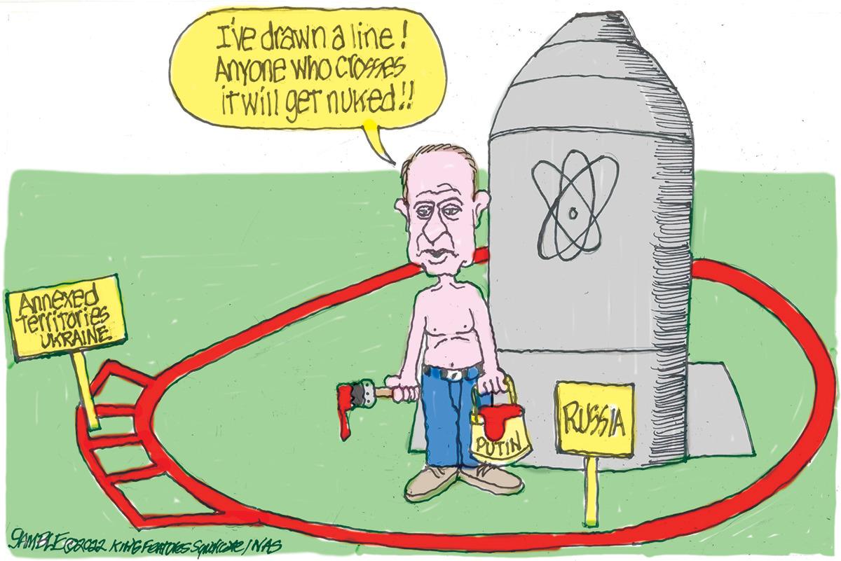 Adaptation OCR: Annexed Territories UKRAINE I've drawn a line! Anyone who crosses it will get nuked!! SAMELE 2002 KING FORTUres Squaficate / NAS PUTIN 88 RUSSIA Annexed Territories UKRAINE I've drawn a line ! Anyone who crosses it will get nuked !! SAMELE 2002 KING FORTUres Squaficate / NAS PUTIN 88 RUSSIA