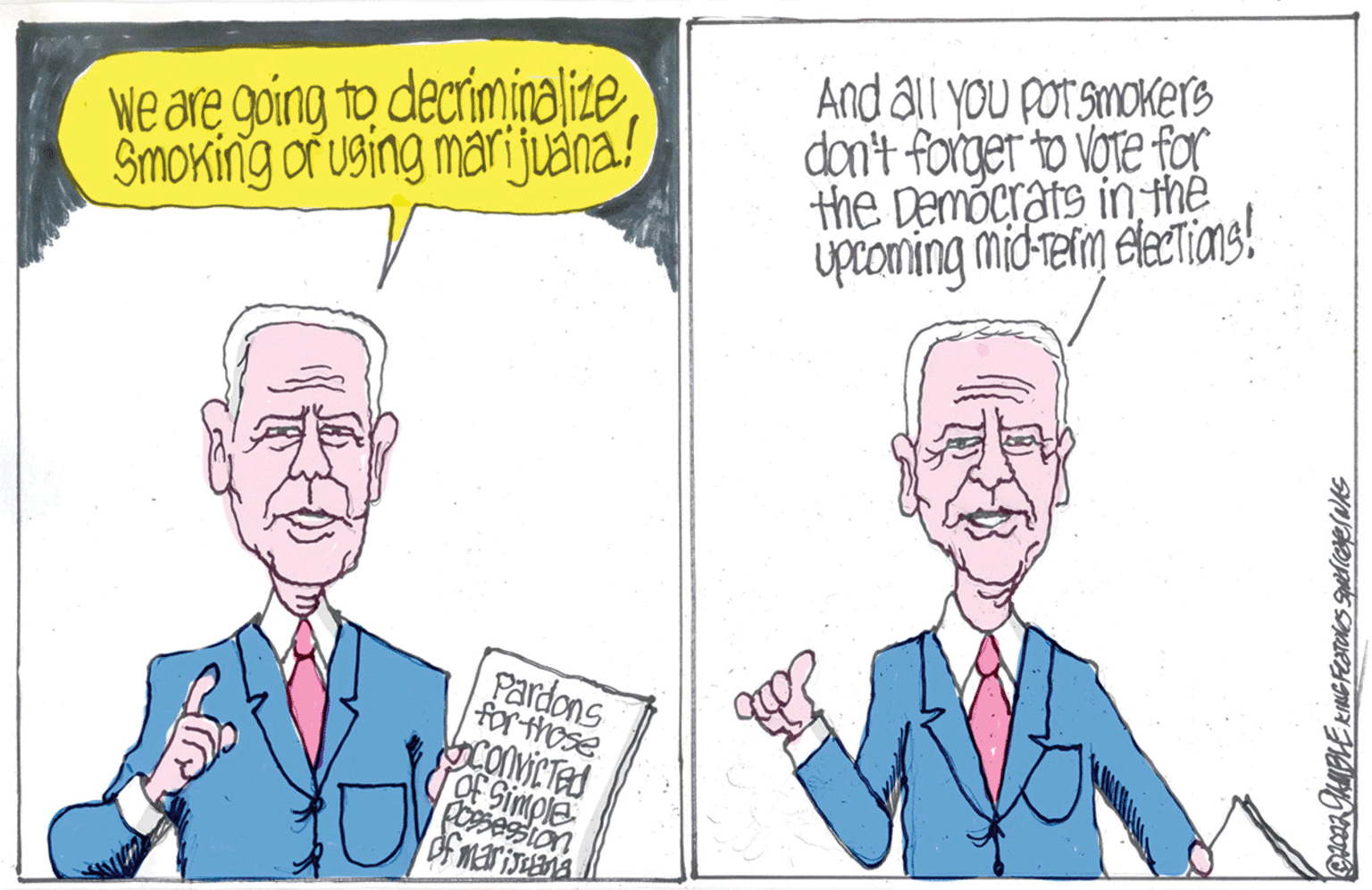 Line OCR: We are going to decriminalize Smoking or using marijuana! Pardons for those convicted Of Simple Possession of marijuana And all you pot smokers don't forget to vote for the Democrats in the Upcoming mid-Term elections! 9000 KING FeaToles Squdleges was ?2022 JAMBLE KN We are going to decriminalize Smoking or using marijuana ! Pardons for those convicted Of Simple Possession of marijuana And all you pot smokers don't forget to vote for the Democrats in the Upcoming mid - Term elections ! 9000 KING FeaToles Squdleges was ?2022 JAMBLE KN