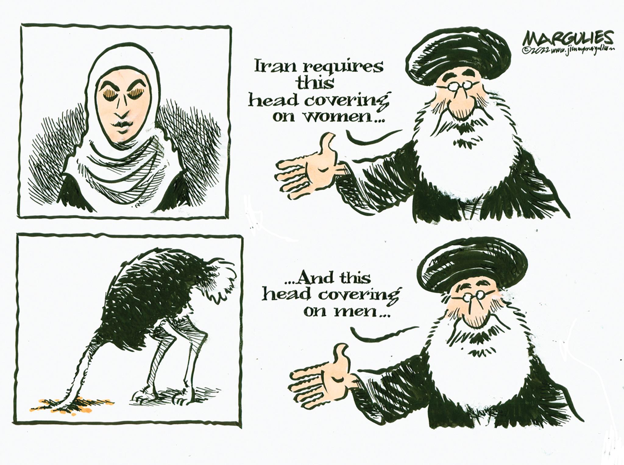 Gesture OCR: Iran requires this head covering on women... ...And this head covering on men... MARGULIES ?2022 www.jimmymayallarm Iran requires this head covering on women ... ... And this head covering on men ... MARGULIES ?2022 www.jimmymayallarm
