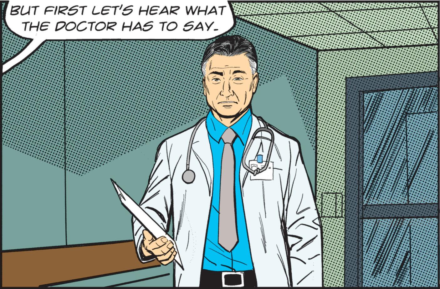 Electric blue OCR: BUT FIRST LET'S HEAR WHAT THE DOCTOR HAS TO SAY. BUT FIRST LET'S HEAR WHAT THE DOCTOR HAS TO SAY .