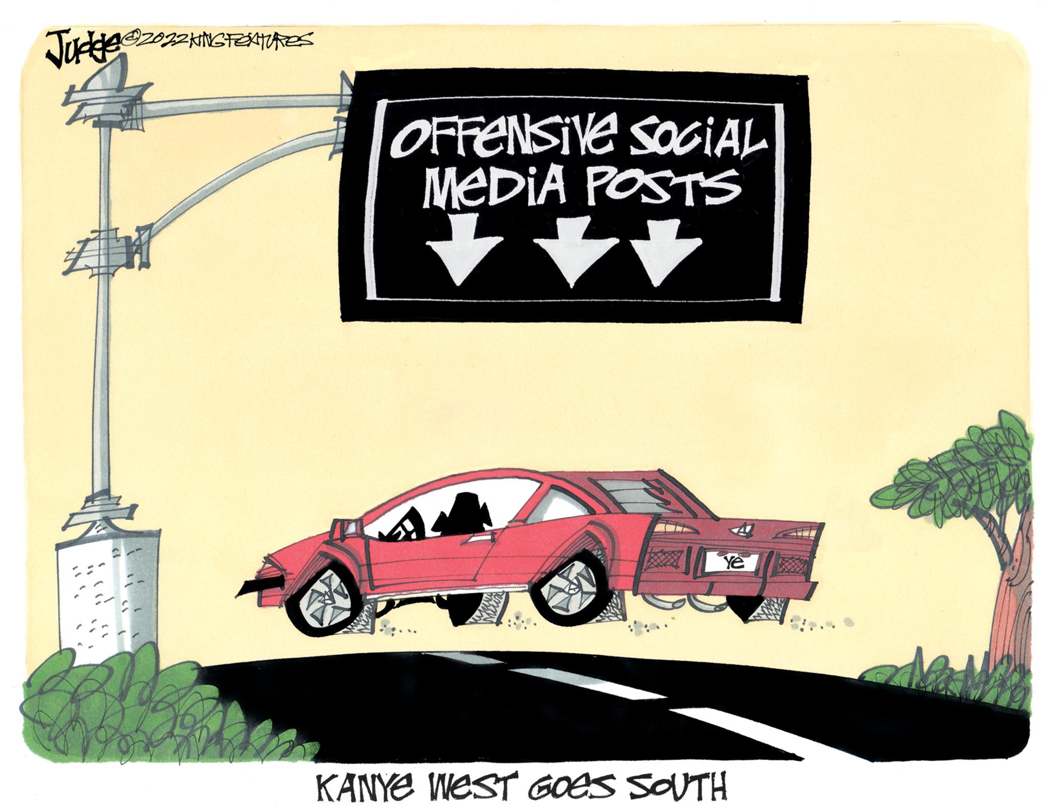 Automotive exterior OCR: Judge @2022 HINGFENTURES Zo OFFENSIVE SOCIAL MEDIA POSTS ? Ye KANYE WEST GOES SOUTH Judge @ 2022 HINGFENTURES Zo OFFENSIVE SOCIAL MEDIA POSTS ? Ye KANYE WEST GOES SOUTH
