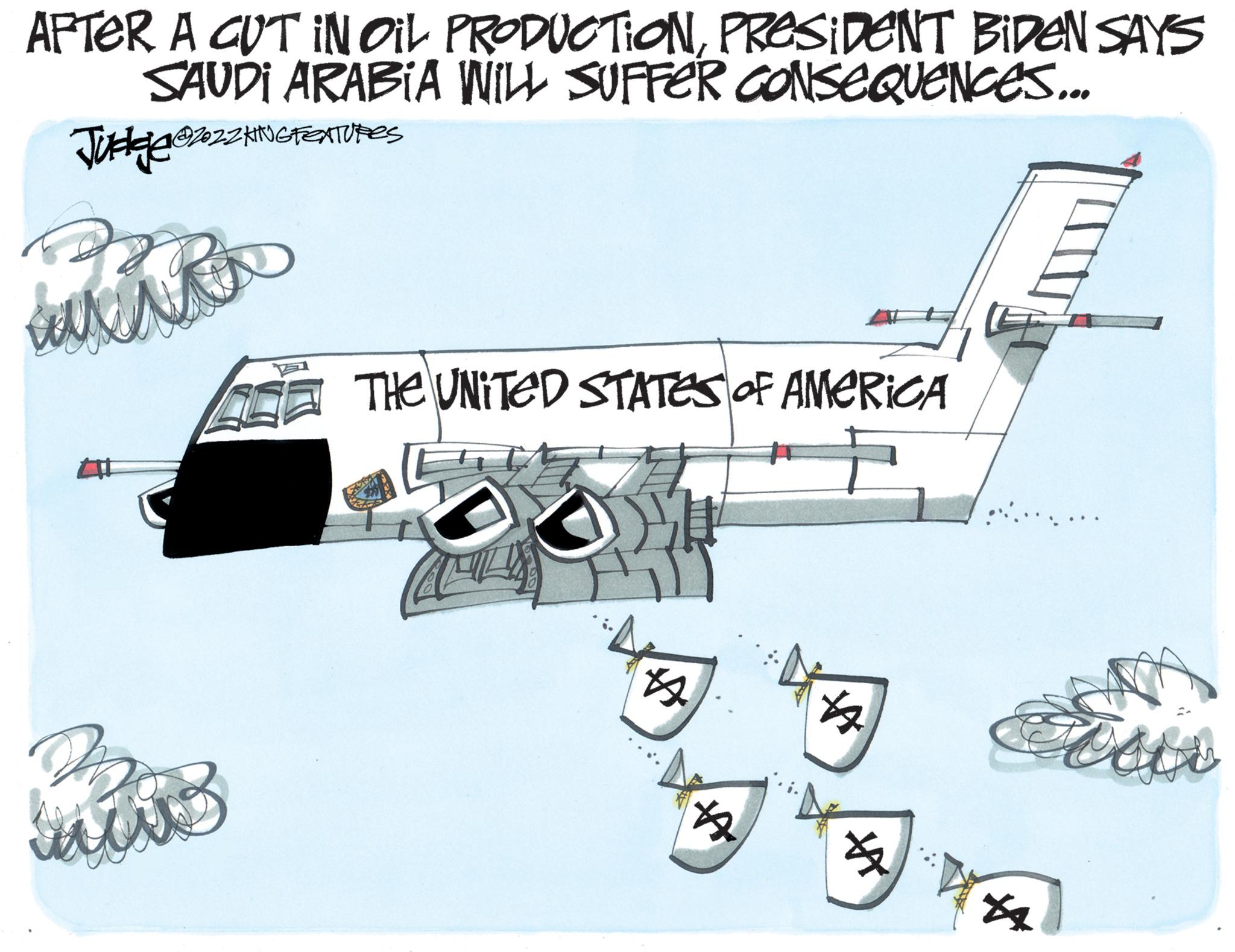 Line art OCR: AFTER A CUT IN OIL PRODUCTIONPRESIDENT BIDEN SAYS SAUDI ARABIA WILL SUFFER CONSEQUENCES... Judge@zzzKjG+ G 22 4@2022 KING FEATURES P www 3 THE UNITED STATES OF AMERICA F 22 A 12 42 $ AFTER A CUT IN OIL PRODUCTIONPRESIDENT BIDEN SAYS SAUDI ARABIA WILL SUFFER CONSEQUENCES ... Judge @ zzzKjG + G 22 4 @ 2022 KING FEATURES P www 3 THE UNITED STATES OF AMERICA F 22 A 12 42 $