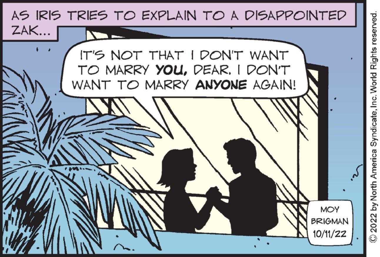 Parallel Faces (1) OCR: AS IRIS TRIES TO EXPLAIN TO A DISAPPOINTED ZAK... IT'S NOT THAT I DON'T WANT TO MARRY YOUI DON'T WANT TO MARRY ANYONE AGAIN! vm. WW ??? BRIGMAN 10/11/22 ?2022 by North America SyndicateInc. World Rights reserved. AS IRIS TRIES TO EXPLAIN TO A DISAPPOINTED ZAK ... IT'S NOT THAT I DON'T WANT TO MARRY YOUI DON'T WANT TO MARRY ANYONE AGAIN ! vm . WW ??? BRIGMAN 10/11/22 ?2022 by North America SyndicateInc. World Rights reserved .