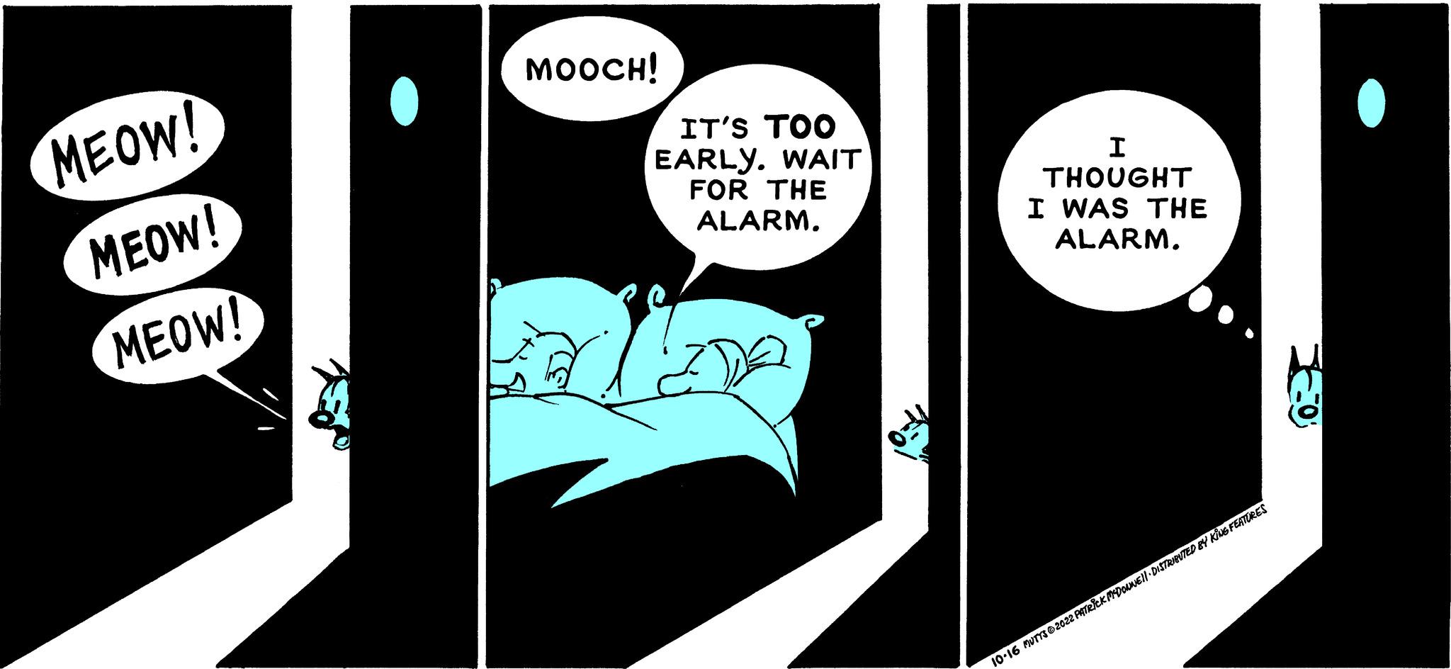 Illustration OCR: MEOW! MEOW! MEOW! MOOCH! a IT'S TOO EARLY. WAIT FOR THE ALARM. I THOUGHT I WAS THE ALARM. 10-16 PUTT-2022 FTREK PODME || DHERENTED BY KING FEATURES MEOW ! MEOW ! MEOW ! MOOCH ! a IT'S TOO EARLY . WAIT FOR THE ALARM . I THOUGHT I WAS THE ALARM . 10-16 PUTT - 2022 FTREK PODME || DHERENTED BY KING FEATURES