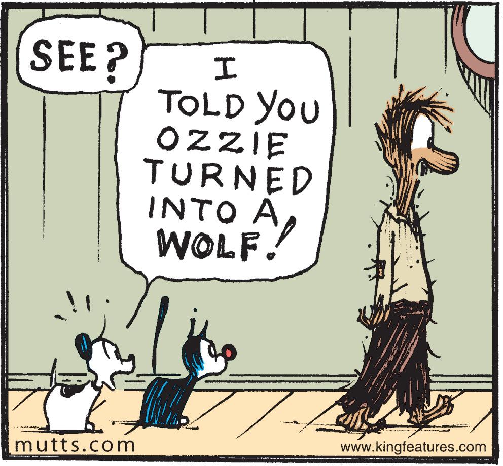 Rectangle OCR: SEE? mutts.com I TOLD YOU OZZIE TURNED INTO A WOLF. www.kingfeatures.com - . SEE ? mutts.com I TOLD YOU OZZIE TURNED INTO A WOLF . www.kingfeatures.com - .