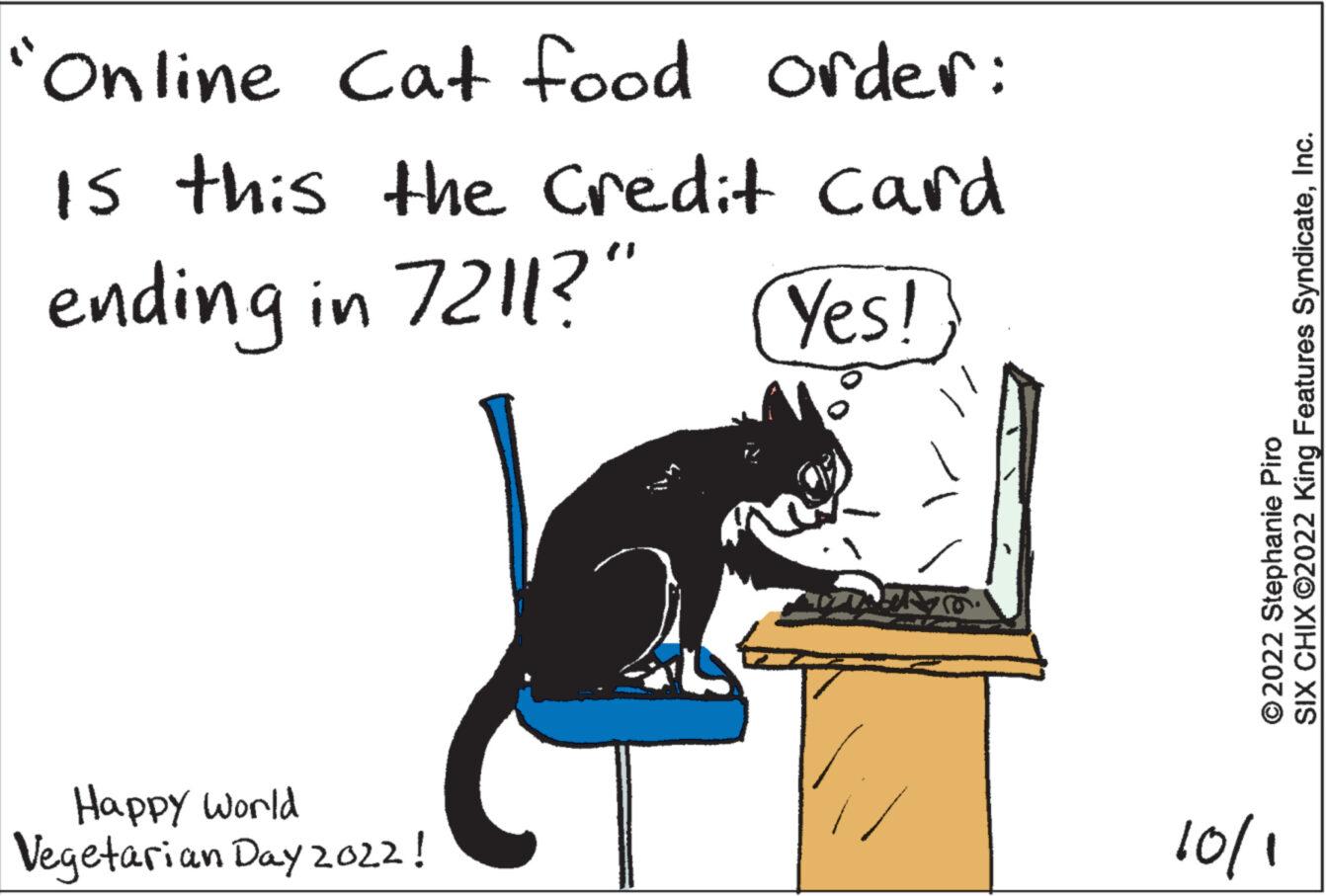 Drawing OCR: "Online Cat food order: Is this the Credit Card ending in 7211?" Yes! Happy World Vegetarian Day 2022! SIX CHIX ©2022 King Features SyndicateInc. ?2022 Stephanie Piro 1/01 " Online Cat food order : Is this the Credit Card ending in 7211 ? " Yes ! Happy World Vegetarian Day 2022 ! SIX CHIX © 2022 King Features SyndicateInc. ?2022 Stephanie Piro 1/01