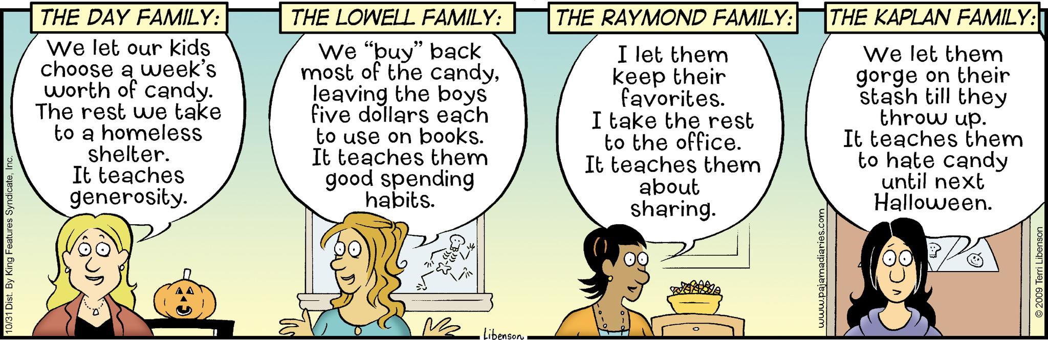 Happy OCR: 10/31 Dist. By King Features SyndicateInc. THE DAY FAMILY: We let our kids choose a week's I worth of candy. The rest we take to a homeless shelter. teaches generosity. It THE LOWELL FAMILY: We "buy" back most of the candyleaving the boys five dollars each to use on books. It teaches them good spending habits. M - Libenson THE RAYMOND FAMILY: I let them keep their favorites. I take the rest to the office. It teaches them about sharing. www.pajamadiaries.com THE KAPLAN FAMILY: We let them gorge on their stash till they throw up. It teaches them to hate candy until next Halloween. © 2009 Terri Libenson 10/31 Dist . By King Features SyndicateInc. THE DAY FAMILY : We let our kids choose a week's I worth of candy . The rest we take to a homeless shelter . teaches generosity . It THE LOWELL FAMILY : We " buy " back most of the candyleaving the boys five dollars each to use on books . It teaches them good spending habits . M - Libenson THE RAYMOND FAMILY : I let them keep their favorites . I take the rest to the office . It teaches them about sharing . www.pajamadiaries.com THE KAPLAN FAMILY : We let them gorge on their stash till they throw up . It teaches them to hate candy until next Halloween . © 2009 Terri Libenson