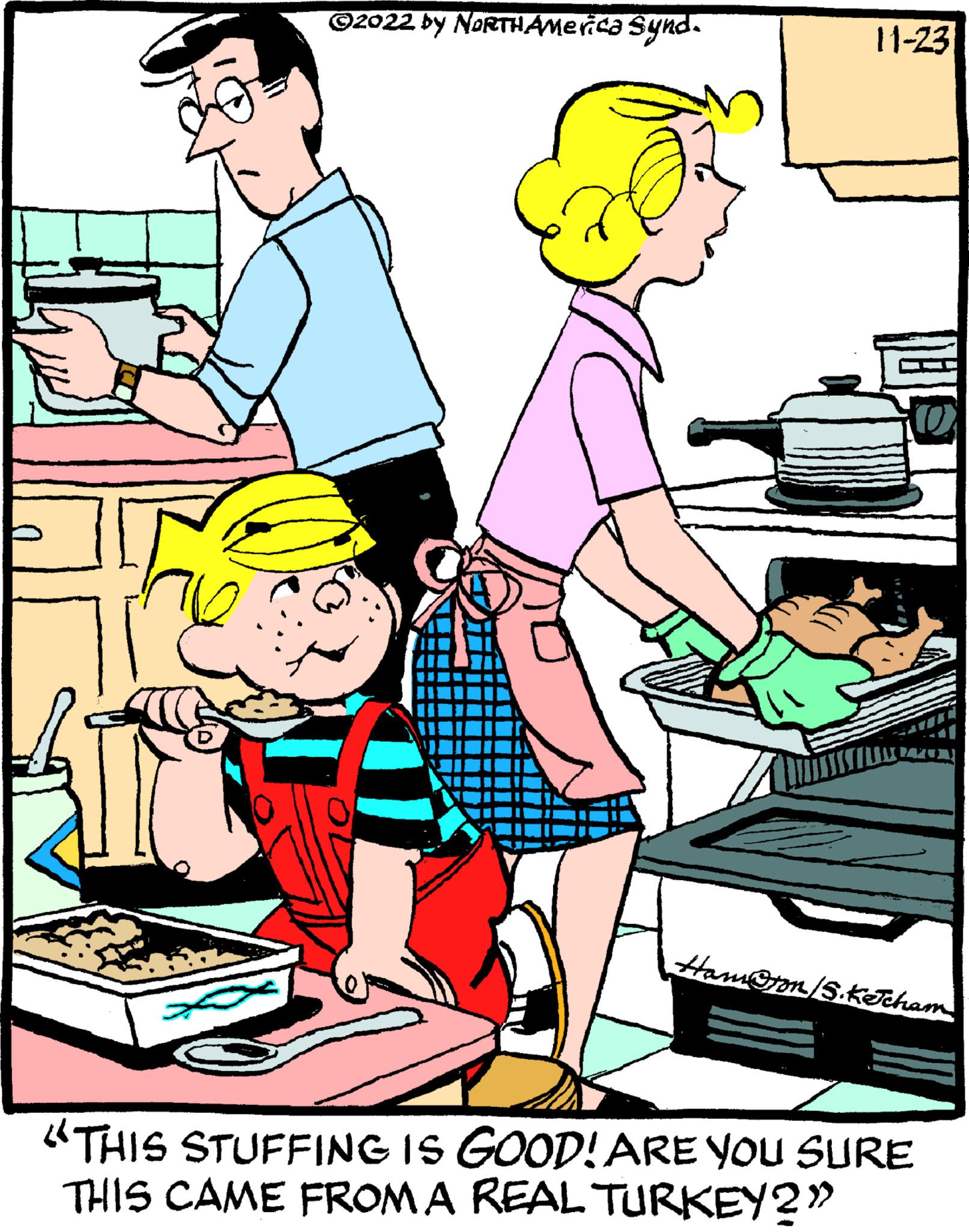 Illustration OCR: ©2022 by NORTH America Synd. 11-23 Hamron/S.KeJcham "THIS STUFFING IS GOOD! ARE YOU SURE THIS CAME FROM A REAL TURKEY?" © 2022 by NORTH America Synd . 11-23 Hamron / S.KeJcham " THIS STUFFING IS GOOD ! ARE YOU SURE THIS CAME FROM A REAL TURKEY ? "