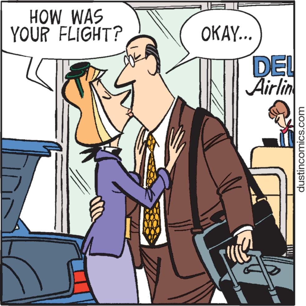 Illustration OCR: HOW WAS YOUR FLIGHT? wäre 3 S OKAY... DEL Airlin dustincomics.com HOW WAS YOUR FLIGHT ? wäre 3 S OKAY ... DEL Airlin dustincomics.com
