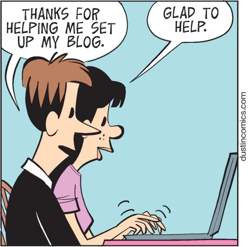 Conversation OCR: THANKS FOR HELPING ME SET UP MY BLOG. GLAD TO HELP. dustincomics.com THANKS FOR HELPING ME SET UP MY BLOG . GLAD TO HELP . dustincomics.com