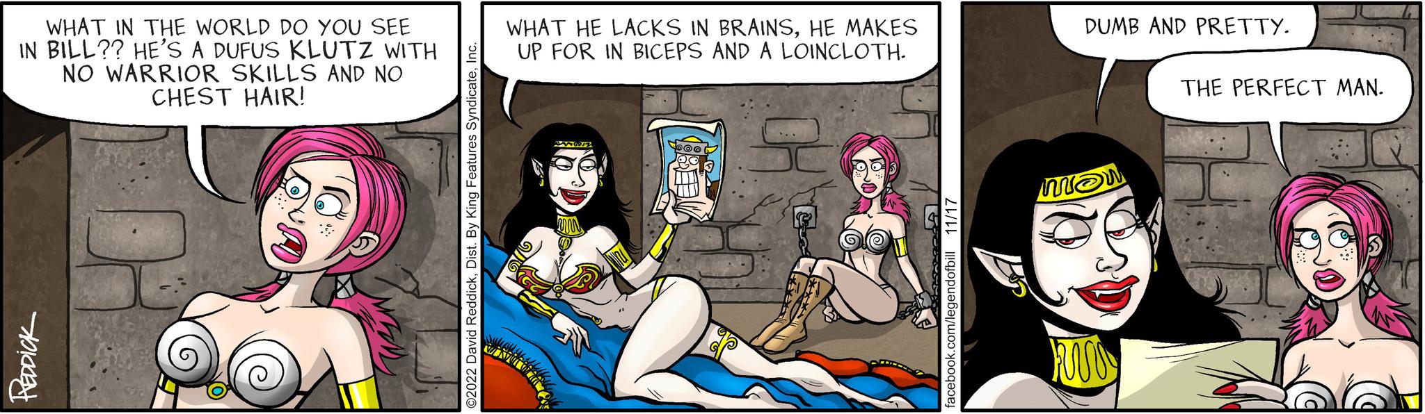 Internet meme OCR: WHAT IN THE WORLD DO YOU SEE IN BILL?? HE'S A DUFUS KLUTZ WITH NO WARRIOR SKILLS AND NO CHEST HAIR! ©2022 David ReddickInc. WHAT HE LACKS IN BRAINSHE MAKES UP FOR IN BICEPS AND A LOINCLOTH. N ????? facebook.com/legendofbill 11/17 DUMB AND PRETTY. MON FUO THE PERFECT MAN. WHAT IN THE WORLD DO YOU SEE IN BILL ?? HE'S A DUFUS KLUTZ WITH NO WARRIOR SKILLS AND NO CHEST HAIR ! © 2022 David ReddickDist . By King Features SyndicateInc. WHAT HE LACKS IN BRAINSHE MAKES UP FOR IN BICEPS AND A LOINCLOTH . N ????? facebook.com/legendofbill 11/17 DUMB AND PRETTY . MON FUO THE PERFECT MAN .