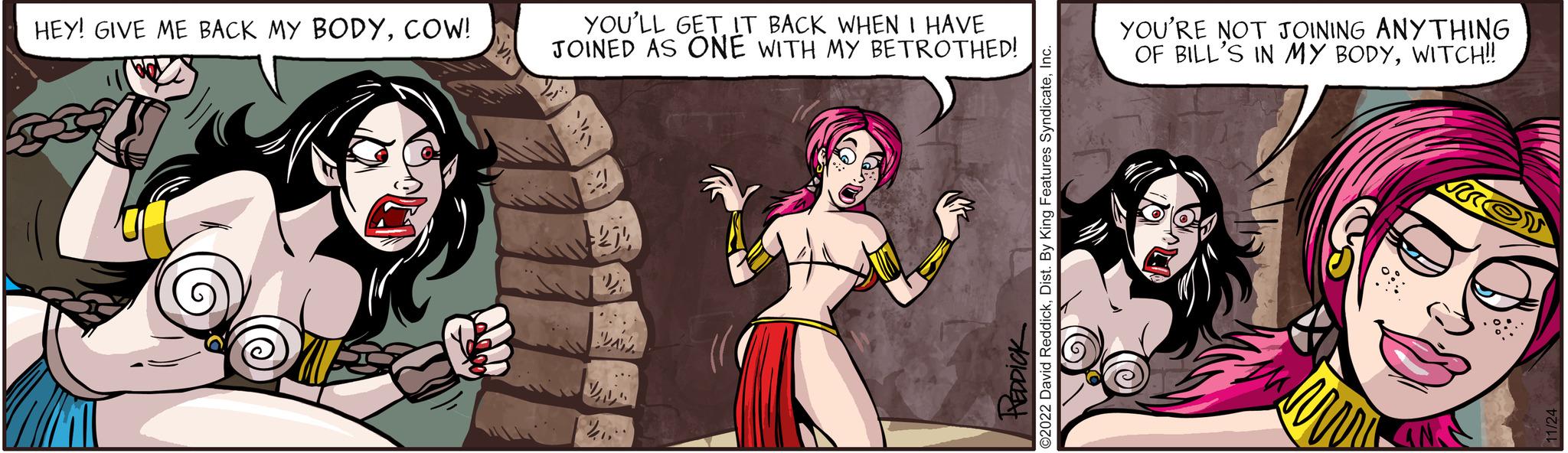 Illustration OCR: HEY! GIVE ME BACK MY BODYCOW! YOU'LL GET IT BACK WHEN I HAVE JOINED AS ONE WITH MY BETROTHED! 21! 2 3k ?? V Sicket ?2022 David ReddickInc. YOU'RE NOT JOINING ANYTHING OF BILL'S IN MY BODYWITCH!! ww AN soc 11/24 HEY ! GIVE ME BACK MY BODYCOW ! YOU'LL GET IT BACK WHEN I HAVE JOINED AS ONE WITH MY BETROTHED ! 21 ! 2 3k ?? V Sicket ?2022 David ReddickDist . By King Features SyndicateInc. YOU'RE NOT JOINING ANYTHING OF BILL'S IN MY BODYWITCH !! ww AN soc 11/24