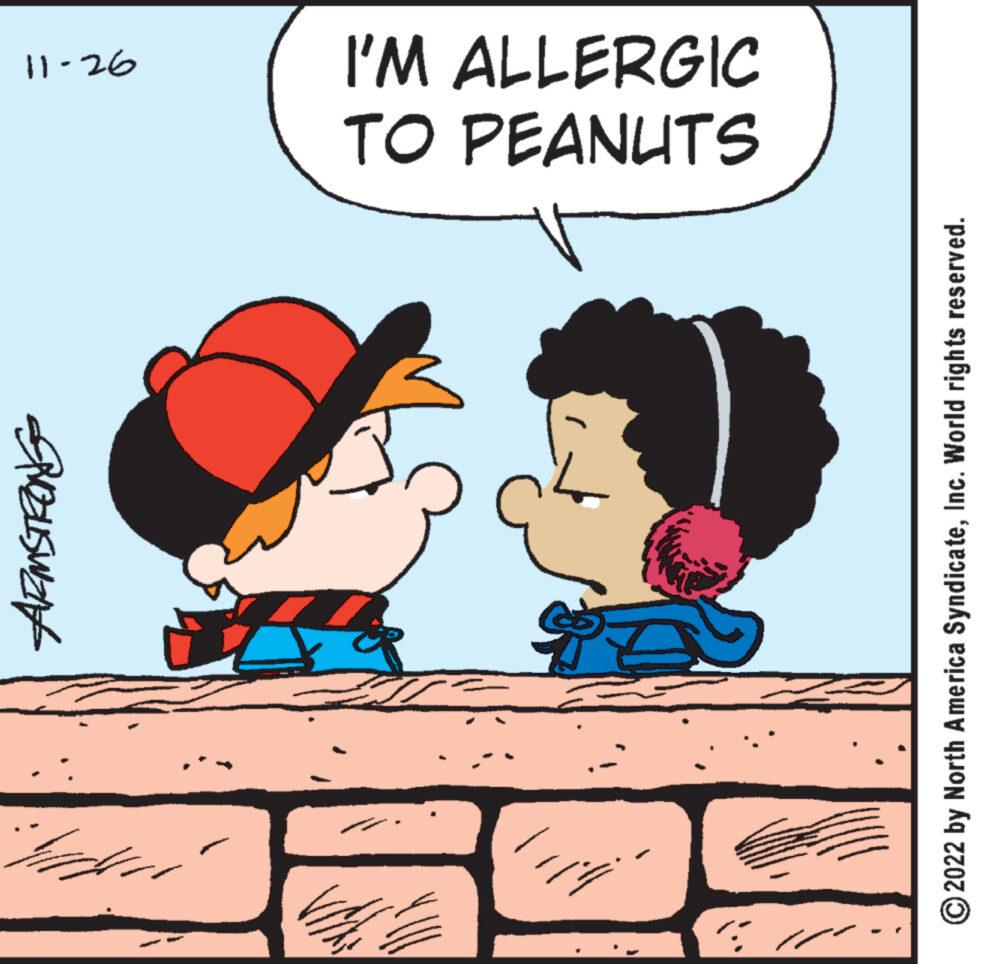 Rectangle OCR: ALE 184. ??? ARMSTRONG ?2022 by North America SyndicateInc. World rights reserved. 11-26 TO PEANUTS I'M ALLERGIC ALE 184 . ??? ARMSTRONG ?2022 by North America SyndicateInc. World rights reserved . 11-26 TO PEANUTS I'M ALLERGIC
