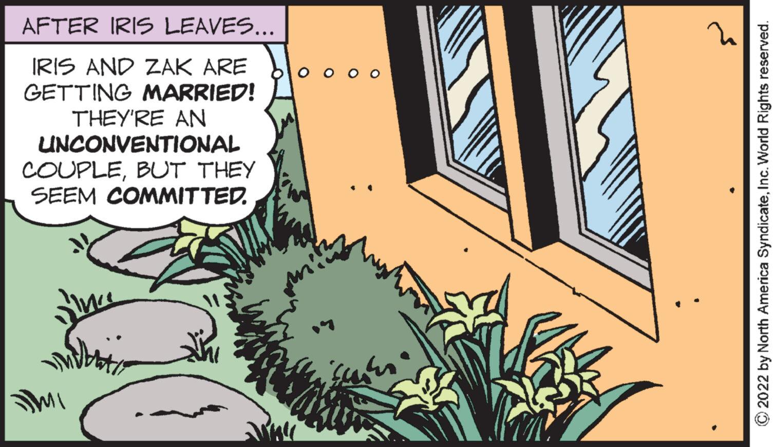 Drawing OCR: AFTER IRIS LEAVES... IRIS AND ZAK ARE ???? GETTING MARRIED! THEY'RE AN UNCONVENTIONAL COUPLEBUT THEY SEEM COMMITTED. TMI ?2022 by North America SyndicateInc. World Rights reserved. AFTER IRIS LEAVES ... IRIS AND ZAK ARE ???? GETTING MARRIED ! THEY'RE AN UNCONVENTIONAL COUPLEBUT THEY SEEM COMMITTED . TMI ?2022 by North America SyndicateInc. World Rights reserved .