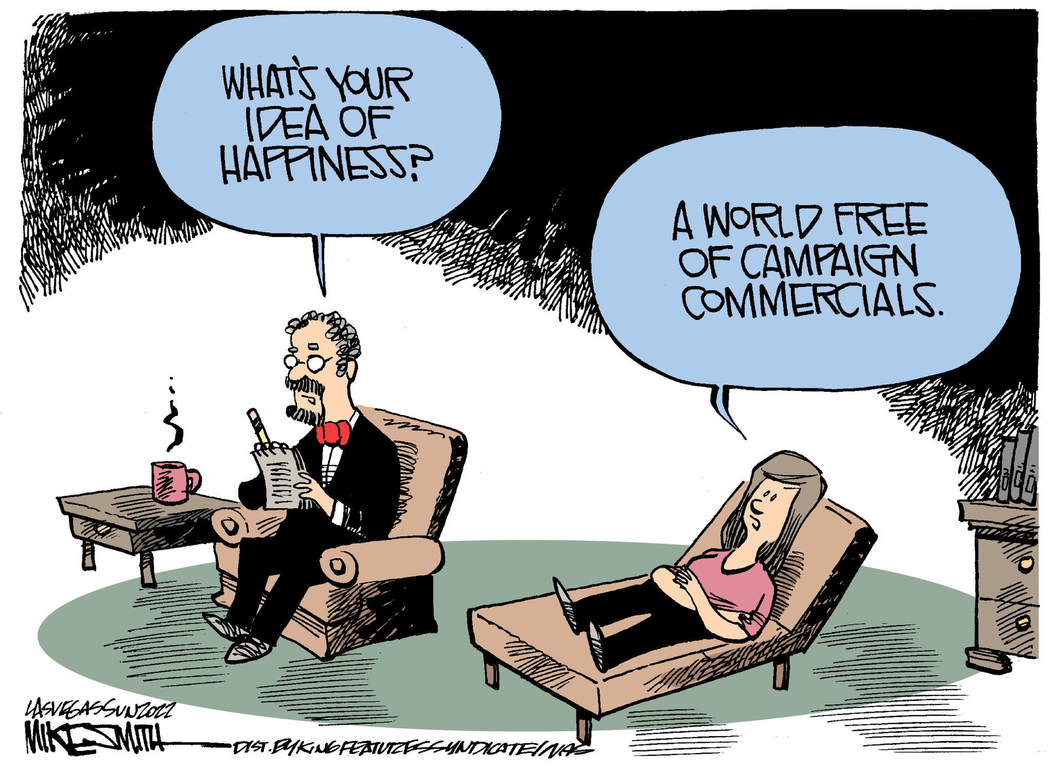 Illustration OCR: LASVEGASSUNZOZt. MIKESMITH WHAT'S YOUR IDEA OF HAPPINESS? YaCTBL •DIST. BYKING FEATUIZESSUNDICATEINAS A WORLD FREE OF CAMPAIGN COMMERCIALS. Intro dodo LASVEGASSUNZOZt . MIKESMITH WHAT'S YOUR IDEA OF HAPPINESS ? YaCTBL • DIST . BYKING FEATUIZESSUNDICATEINAS A WORLD FREE OF CAMPAIGN COMMERCIALS . Intro dodo