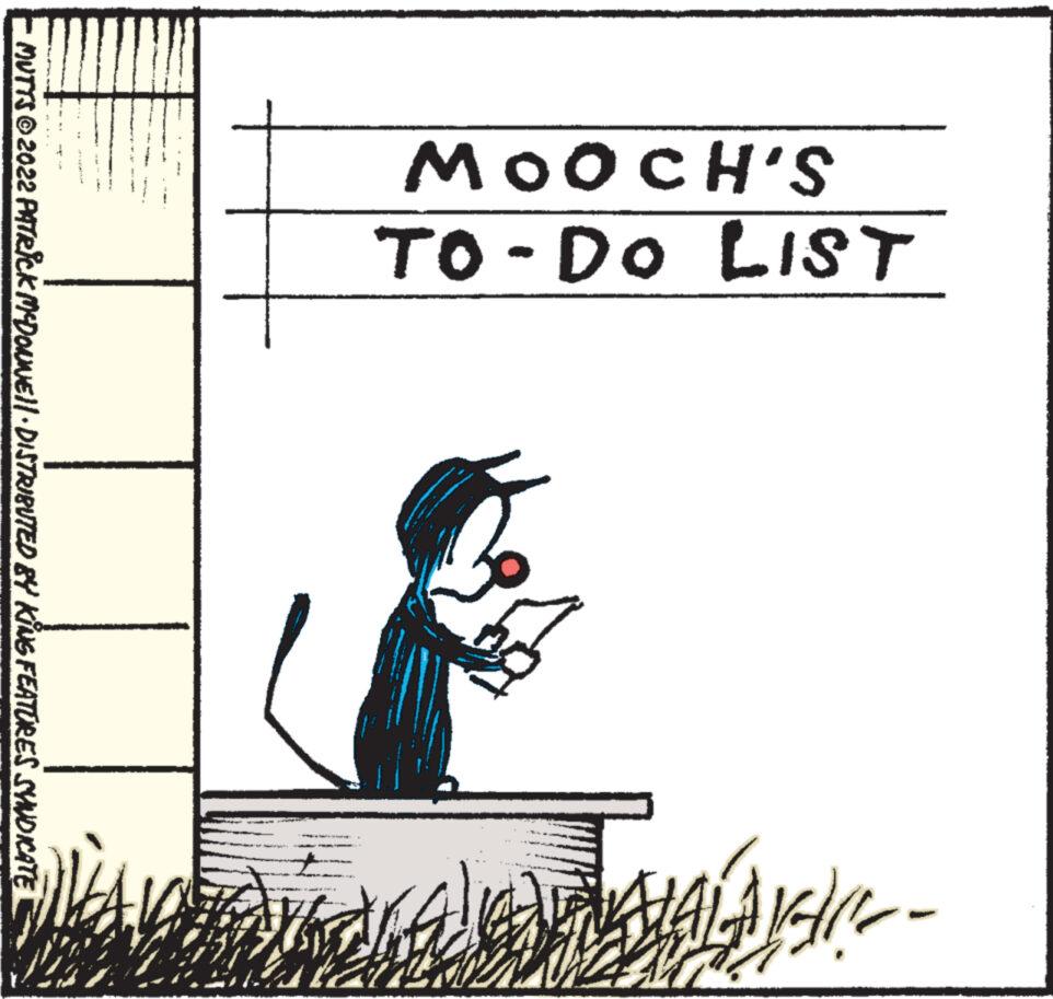 Poster OCR: || S.HOOOW TO-DO LIST ?? ??? ???? TAVALA f MUTTS © 2022 PATRICK MCDOWNE||· DISTRIBUTED BY KING FEATURES SYNDICATE || S.HOOOW TO - DO LIST ?? ??? ???? TAVALA f MUTTS © 2022 PATRICK MCDOWNE || · DISTRIBUTED BY KING FEATURES SYNDICATE