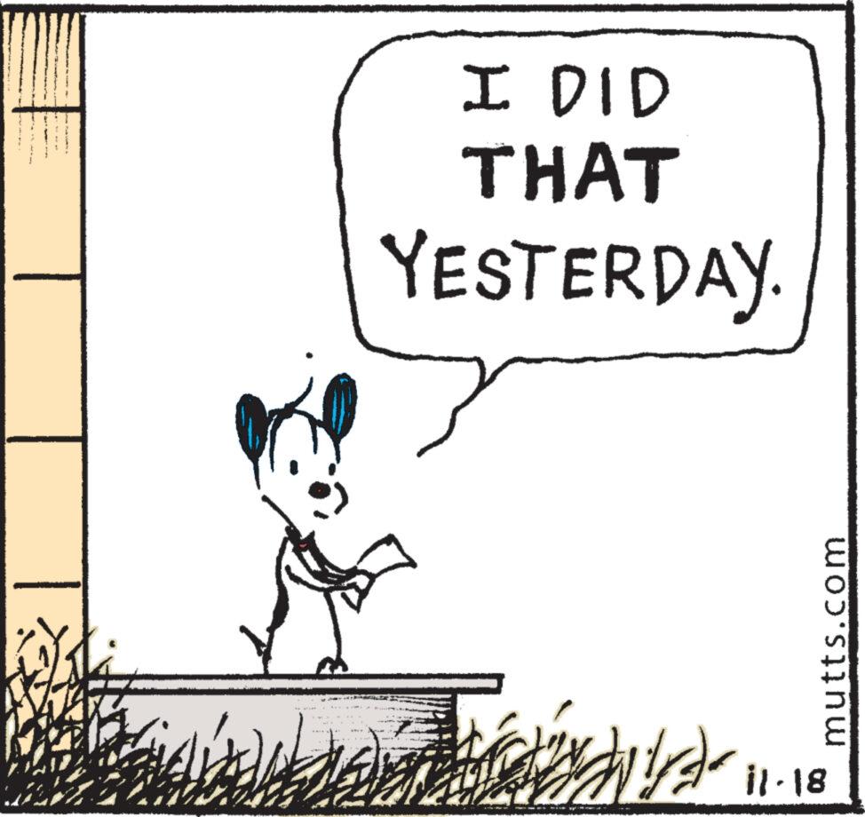 Illustration OCR: I DID THAT YESTERDAY. E mutts.com For det 11.19 I DID THAT YESTERDAY . E mutts.com For det 11.19