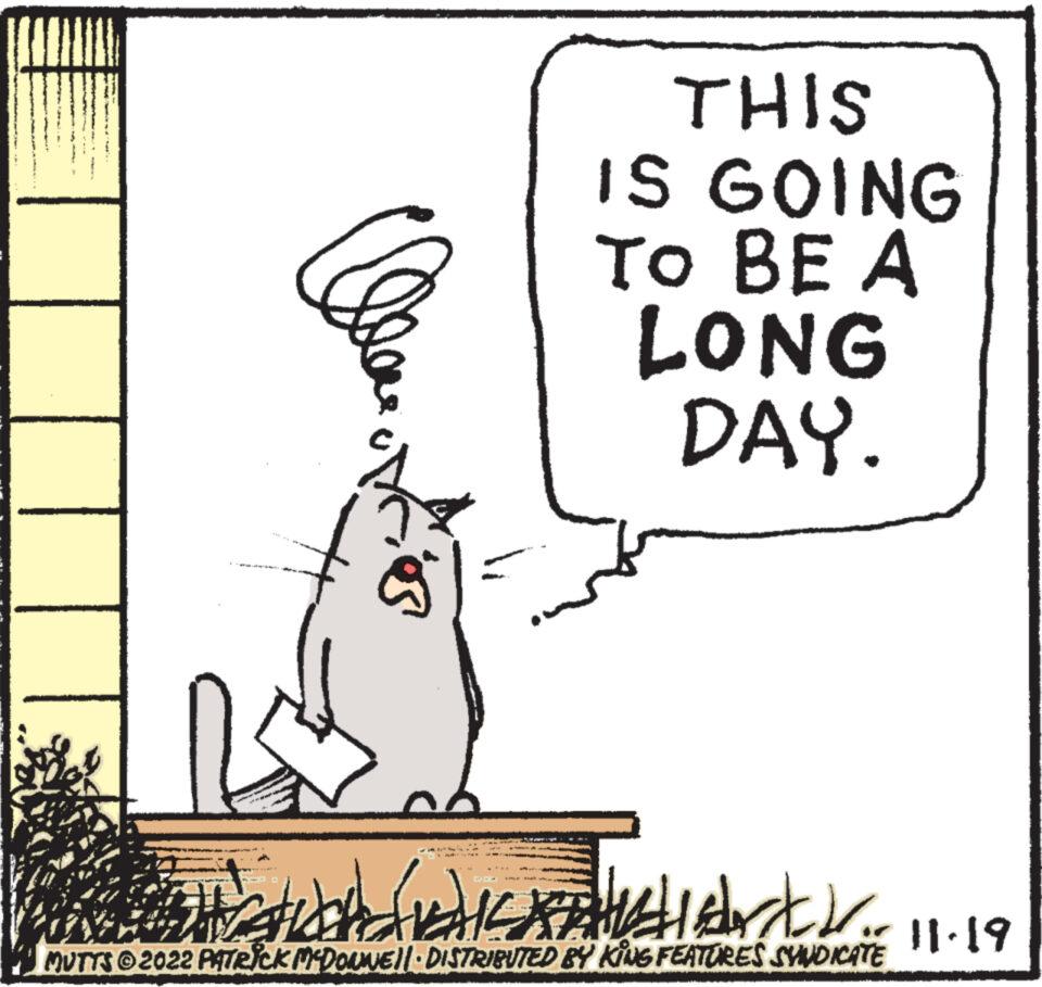 Drawing OCR: 1 Slea M THIS IS GOING TO BE A LONG DAY. fitd.. MUTTS @2022 PATRICK MCDONWEIL DISTRIBUTED BY KING FEATURES SYNDICATE 11.19 1 Slea M THIS IS GOING TO BE A LONG DAY . fitd .. MUTTS @ 2022 PATRICK MCDONWEIL DISTRIBUTED BY KING FEATURES SYNDICATE 11.19