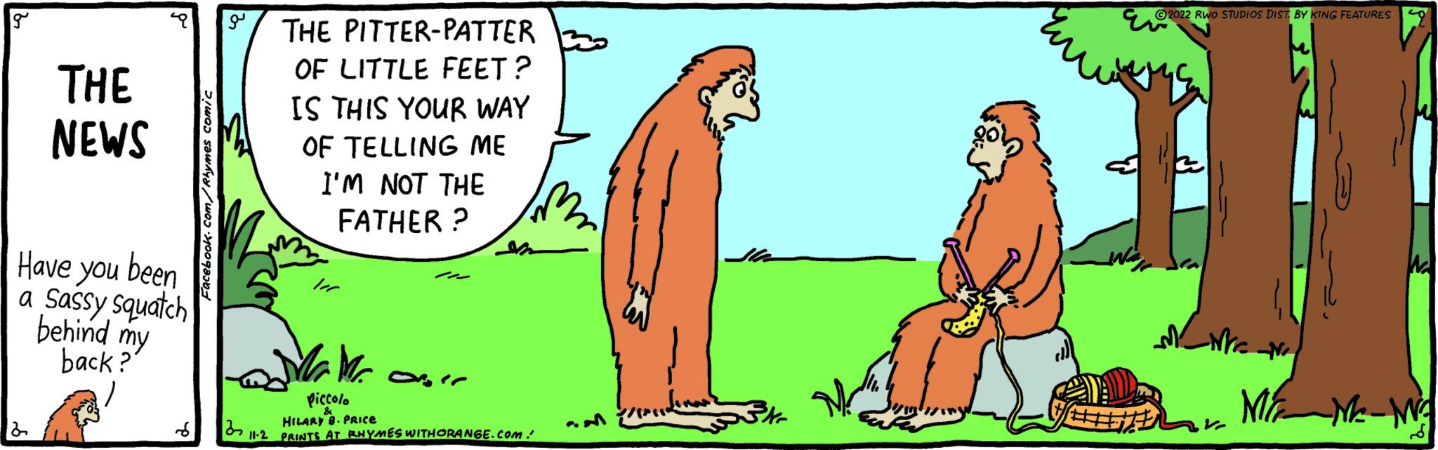 Sharing OCR: g THE NEWS Have you been a Sassy squatch behind my back? 2 d a THE PITTER-PATTER OF LITTLE FEET? IS THIS YOUR WAY OF TELLING ME I'M NOT THE FATHER? Ver Piccolo & HILARY B. PRICE 11-2 PRINTS AT RHYMES WITHORANGE.COM! ?? 2022 RWO STUDIOS DIST BY KING FEATURES W2 Nre -N2 mr Mr Mh Mg - g THE NEWS Have you been a Sassy squatch behind my back ? 2 d a THE PITTER - PATTER OF LITTLE FEET ? IS THIS YOUR WAY OF TELLING ME I'M NOT THE FATHER ? Ver Piccolo & HILARY B. PRICE 11-2 PRINTS AT RHYMES WITHORANGE.COM ! ?? 2022 RWO STUDIOS DIST BY KING FEATURES W2 Nre -N2 mr Mr Mh Mg -