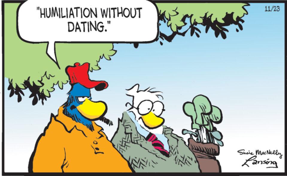 Line OCR: "HUMILIATION WITHOUT DATING." wa ??? 33 11/23 Susie MacNelly Lansing " HUMILIATION WITHOUT DATING . " wa ??? 33 11/23 Susie MacNelly Lansing