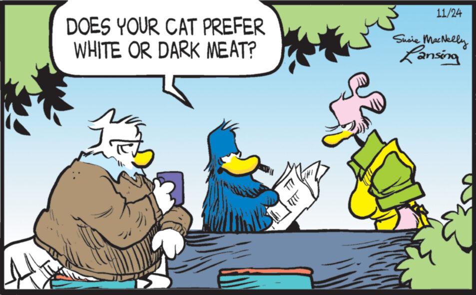 Line OCR: DOES YOUR CAT PREFER WHITE OR DARK MEAT? ?? TI? MTT 11/24 Susie MacNelly Lansing DOES YOUR CAT PREFER WHITE OR DARK MEAT ? ?? TI ? MTT 11/24 Susie MacNelly Lansing