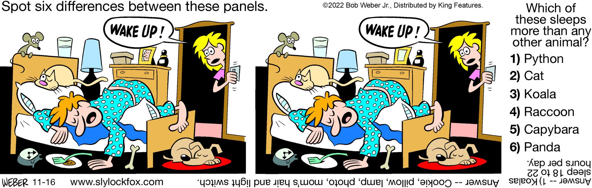 Fiction OCR: Spot six differences between these panels. WAKE UP! U WEBER 11-16 www.slylockfox.com U ?2022 Bob Weber Jr.Distributed by King Features. WAKE UP! a to o te wo foyd 'deel ‘mollid hoo - je Which of these sleeps more than any other animal? 1) Python 2) Cat 3) Koala 4) Raccoon 5) Capybara 6) Panda ?ep ?d sunoy o des Spot six differences between these panels . WAKE UP ! U WEBER 11-16 www.slylockfox.com U ?2022 Bob Weber Jr.Distributed by King Features . WAKE UP ! a to o te wo foyd ' deel ‘ mollid hoo - je Which of these sleeps more than any other animal ? 1 ) Python 2 ) Cat 3 ) Koala 4 ) Raccoon 5 ) Capybara 6 ) Panda ?ep ?d sunoy o des