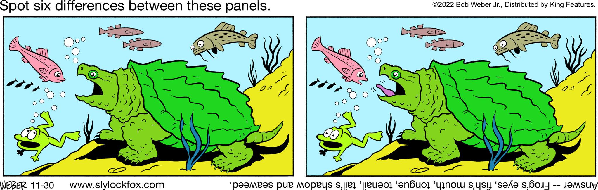 Reptile OCR: Spot six differences between these panels. WEBER 11-30 www.slylockfox.com ©2022 Bob Weber Jr.Distributed by King Features. Answer -- Frog's eyestail's shadow and seaweed. Spot six differences between these panels . WEBER 11-30 www.slylockfox.com © 2022 Bob Weber Jr.Distributed by King Features . Answer -- Frog's eyesfish's mouthtail's shadow and seaweed .